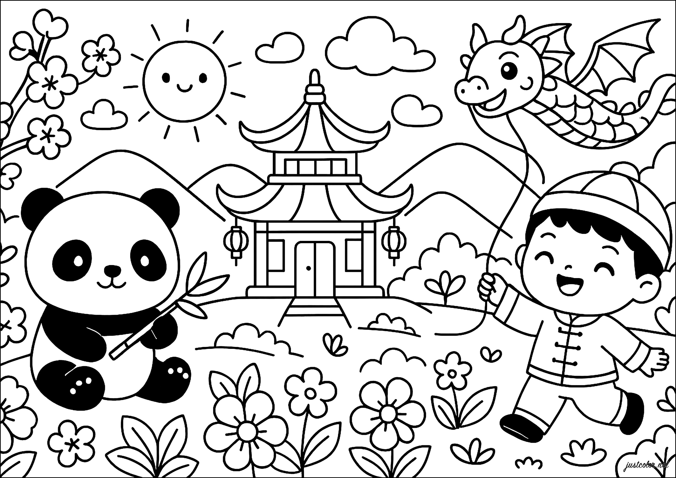 Panda e bambino in un parco Cinese - Pagine Cina da Colorare, image size:2834x2006