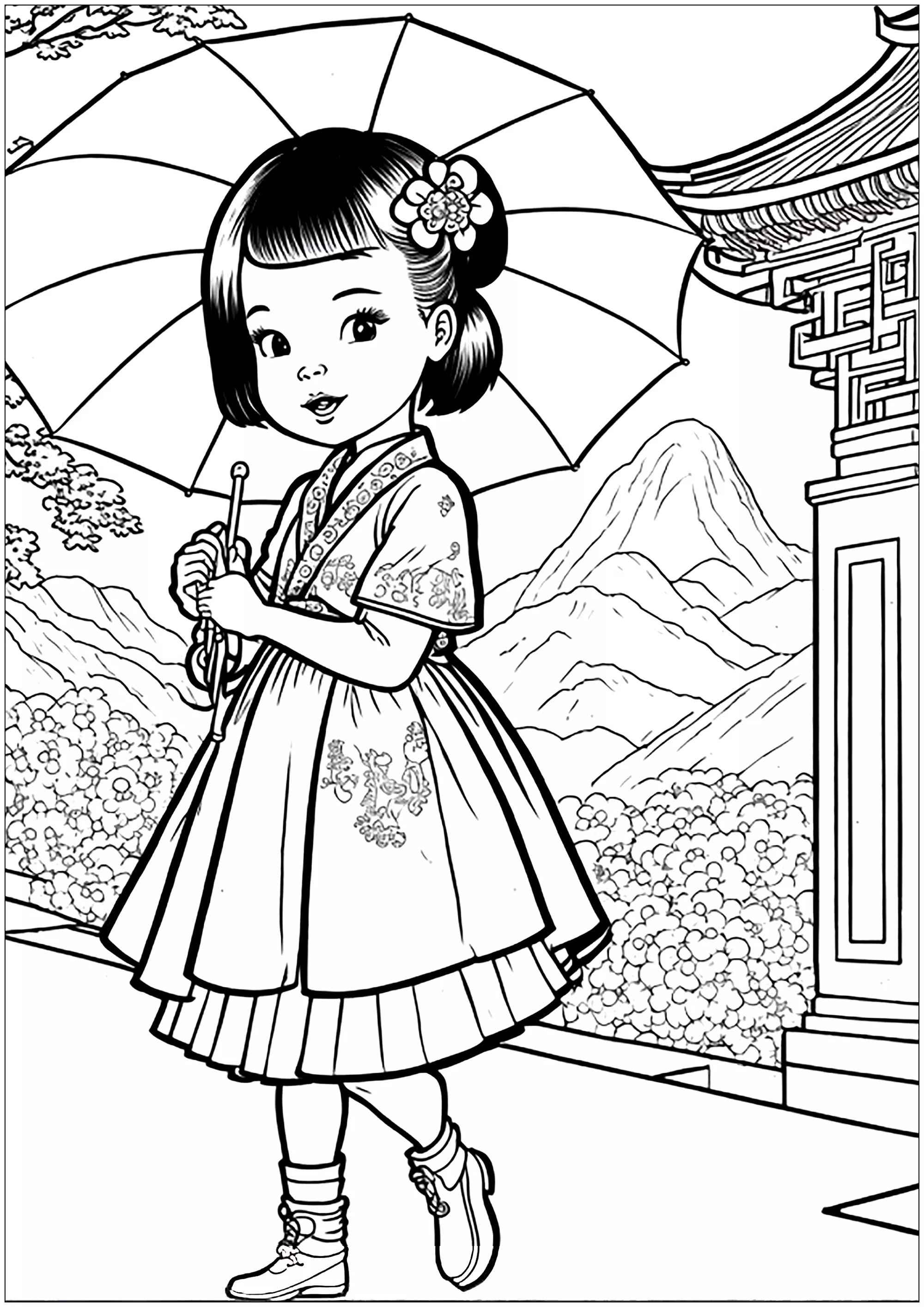 Piccola cinese con ombrello (Pagina Cina da Colorare per bambini)
