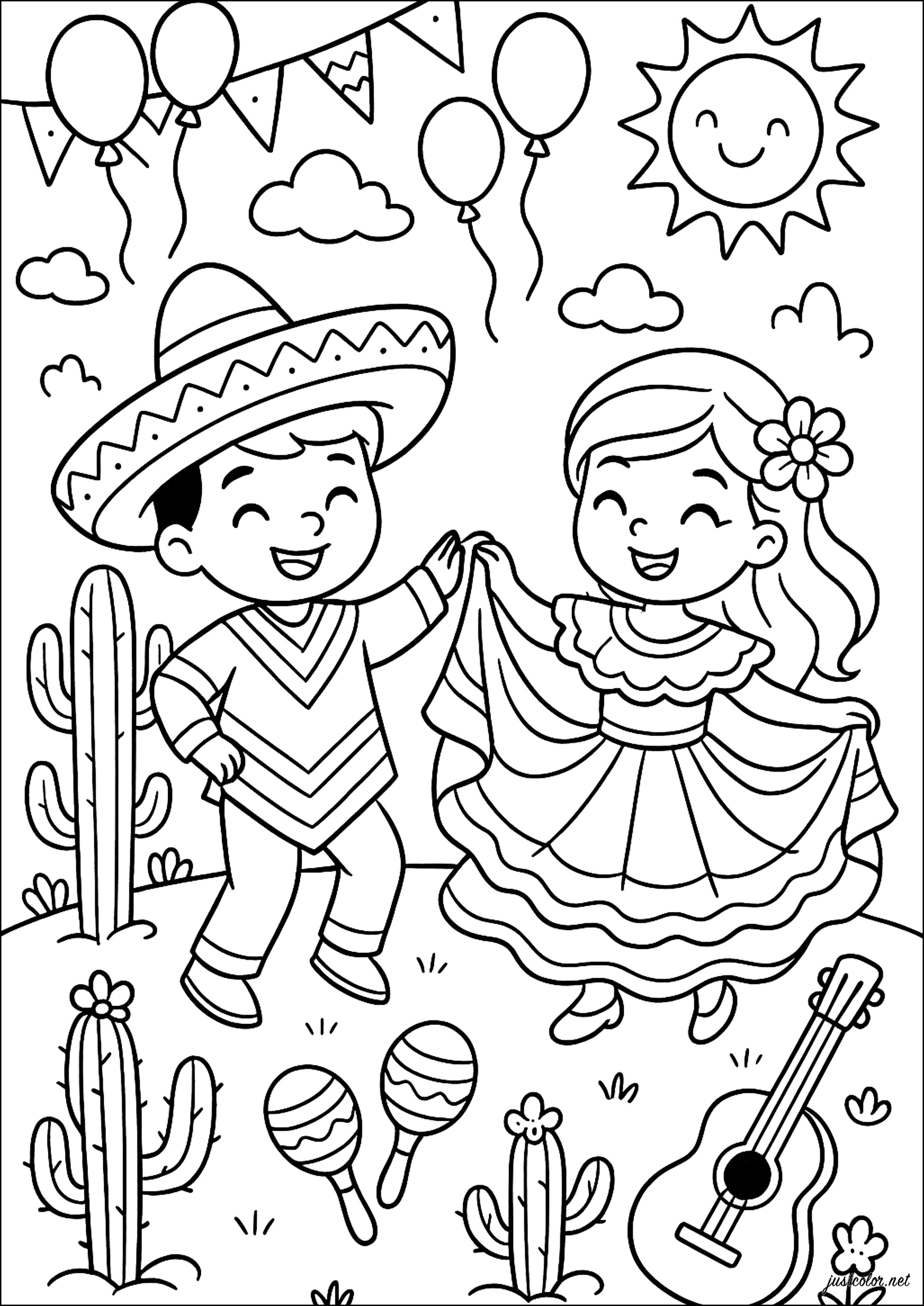 Una festa gioiosa sotto il sole (Pagina Cinco De Mayo da Colorare per bambini)