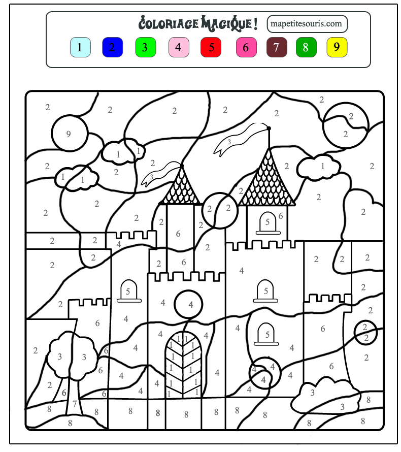 Colorazione magica con un castello di fiaba (Pagina Coloriaggi Magici da Colorare per bambini)