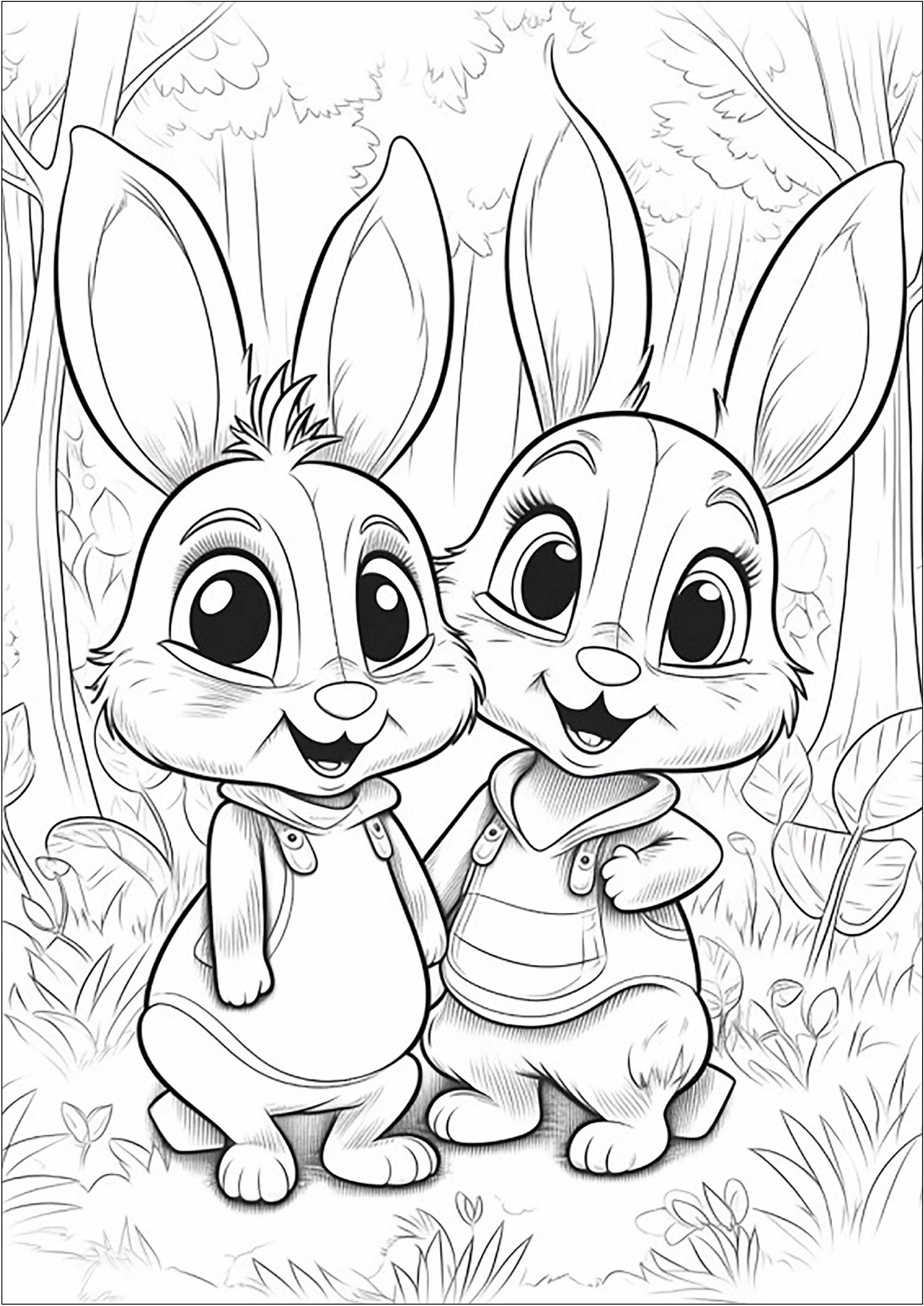 Due piccoli conigli nella foresta - 1. (Pagina Coniglio da Colorare per bambini)