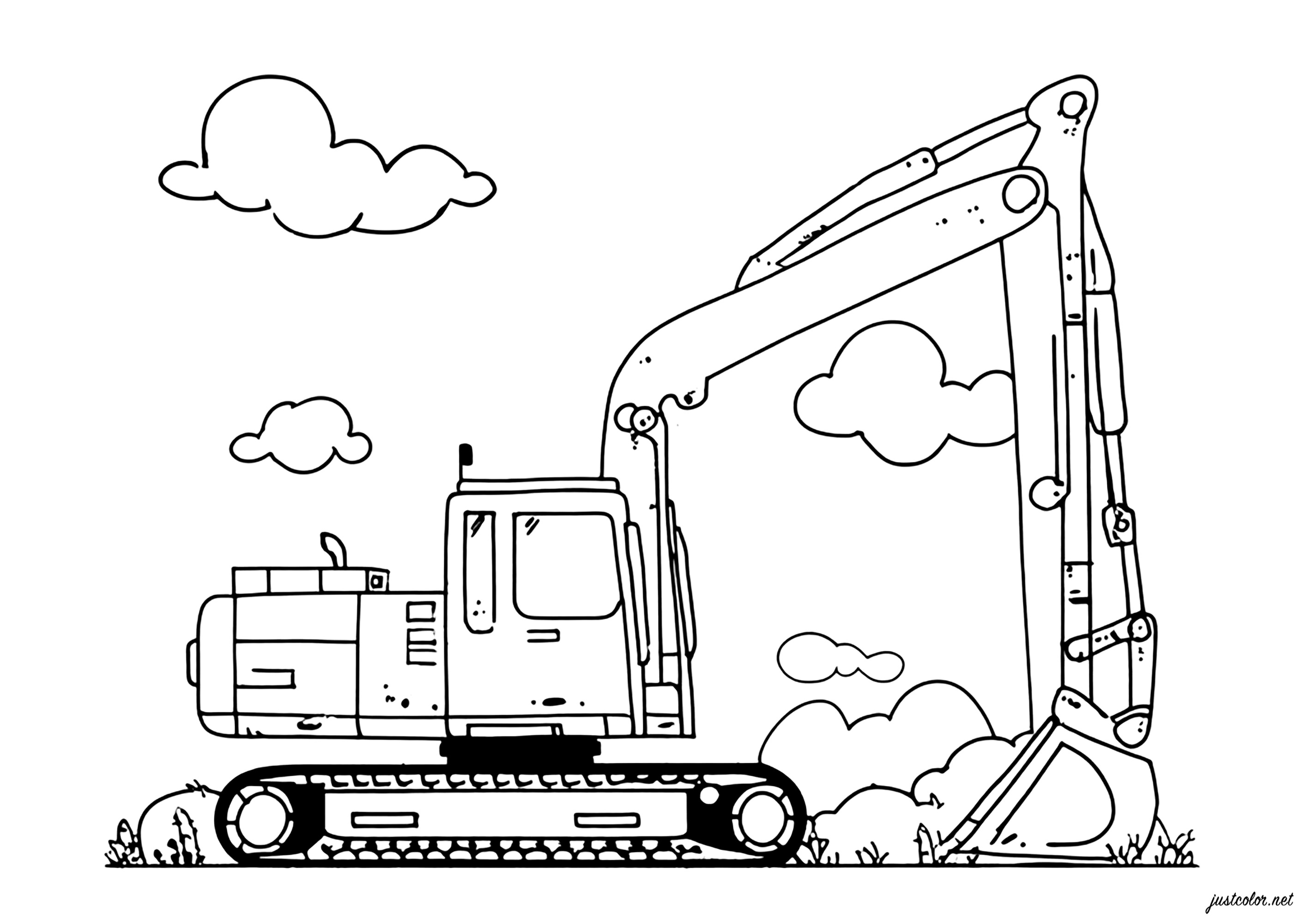 Escavatore potente nel cielo (Pagina Lavori di costruzione e di cantiere da Colorare per bambini)