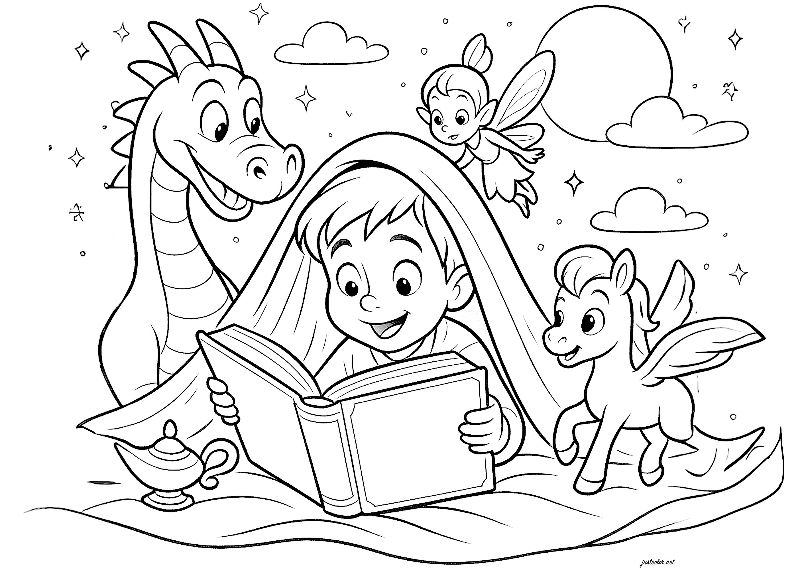 Reading stimulates the imagination (Pagina Contes da Colorare per bambini)
