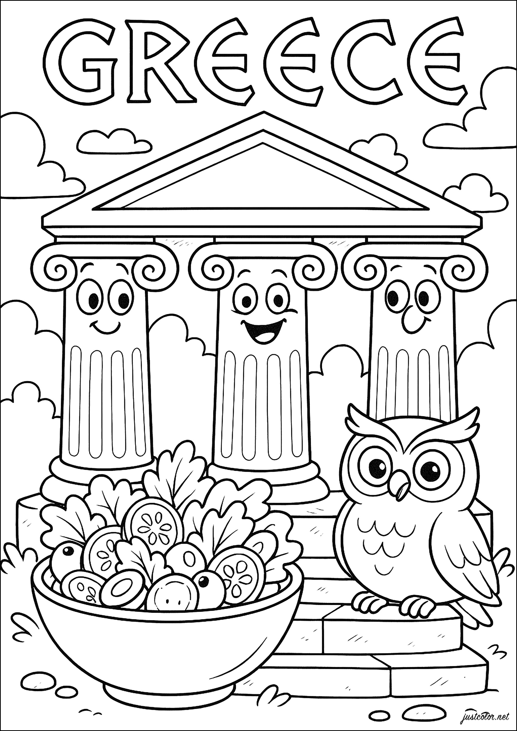 Grecia: antico tempio, gufo di Atena e insalata greca (Pagina Country da Colorare per bambini)