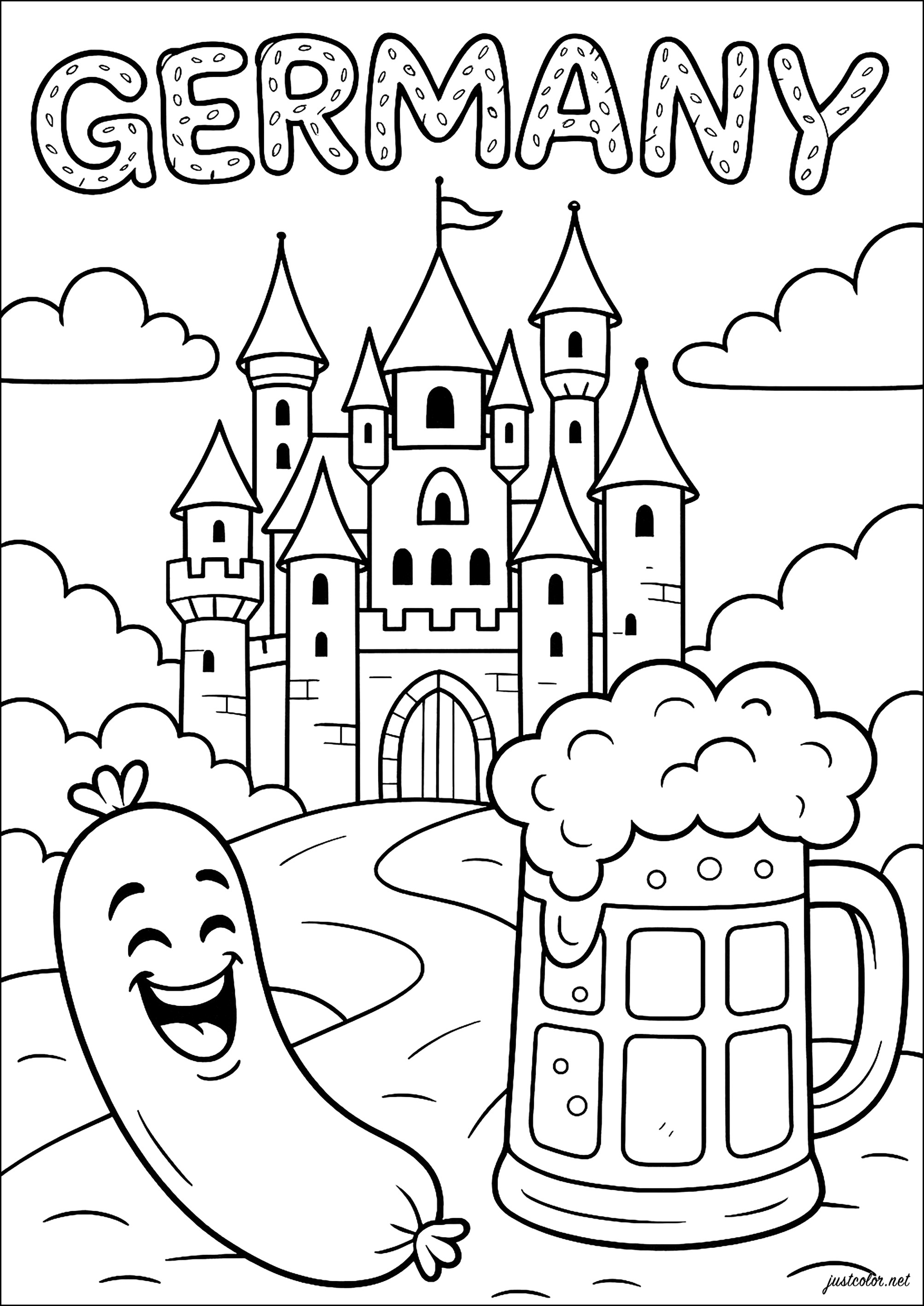 Germania: la festa della salsiccia e della birra (Pagina Country da Colorare per bambini)