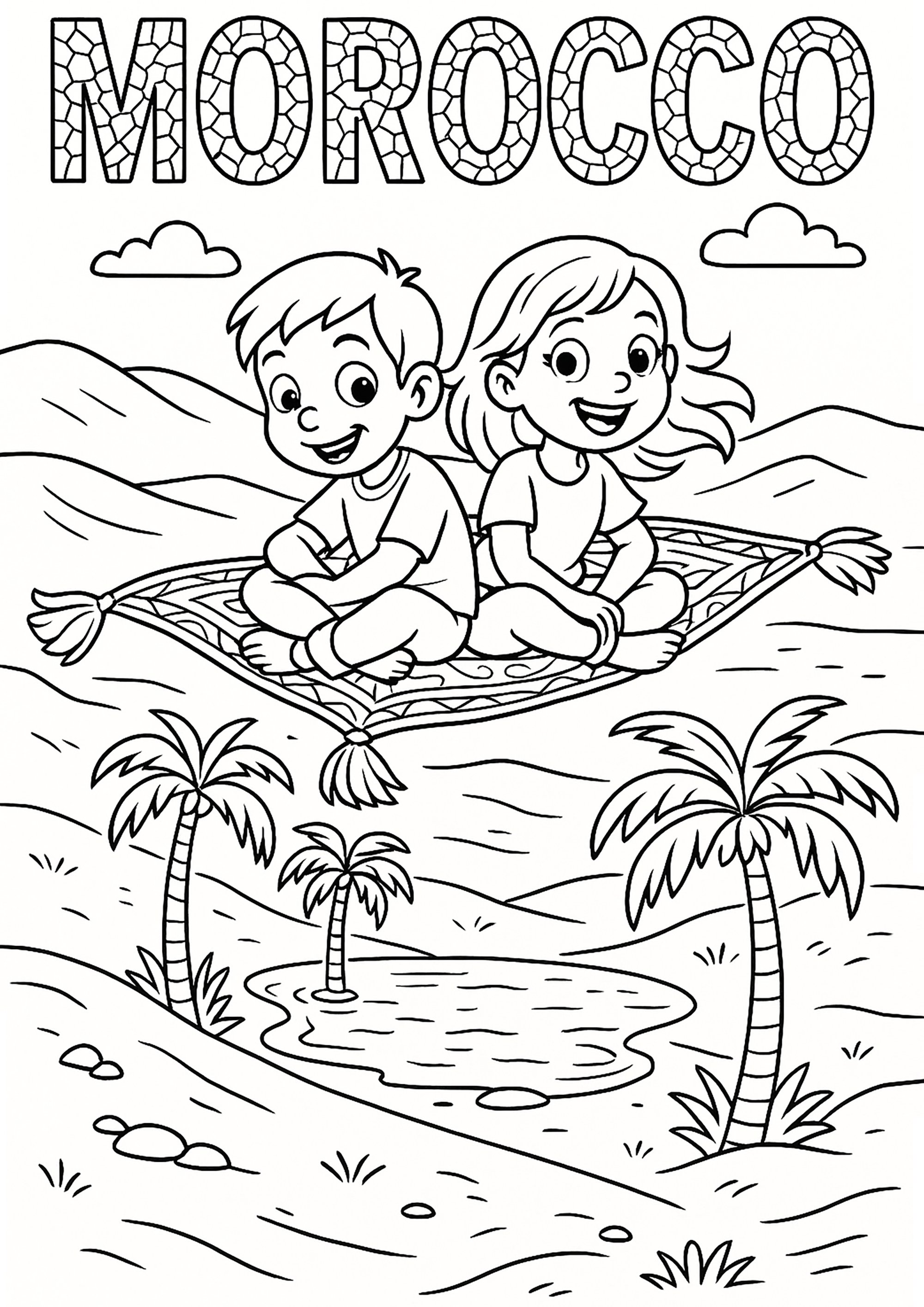 Marocco: due bambini su un tappeto magico (Pagina Country da Colorare per bambini)