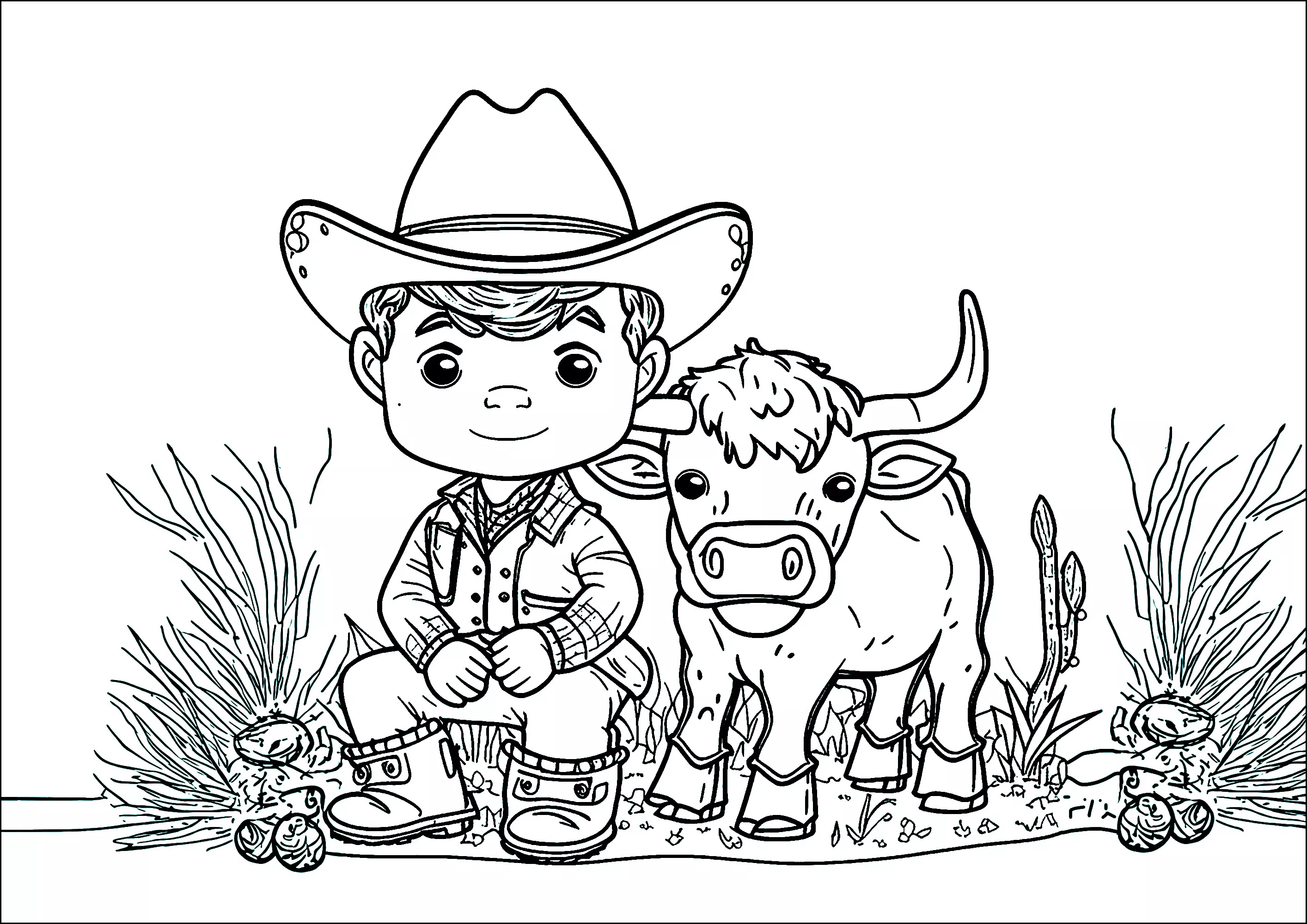 Il piccolo Cowboy e la sua bella mucca (Pagina da Colorare per bambini)