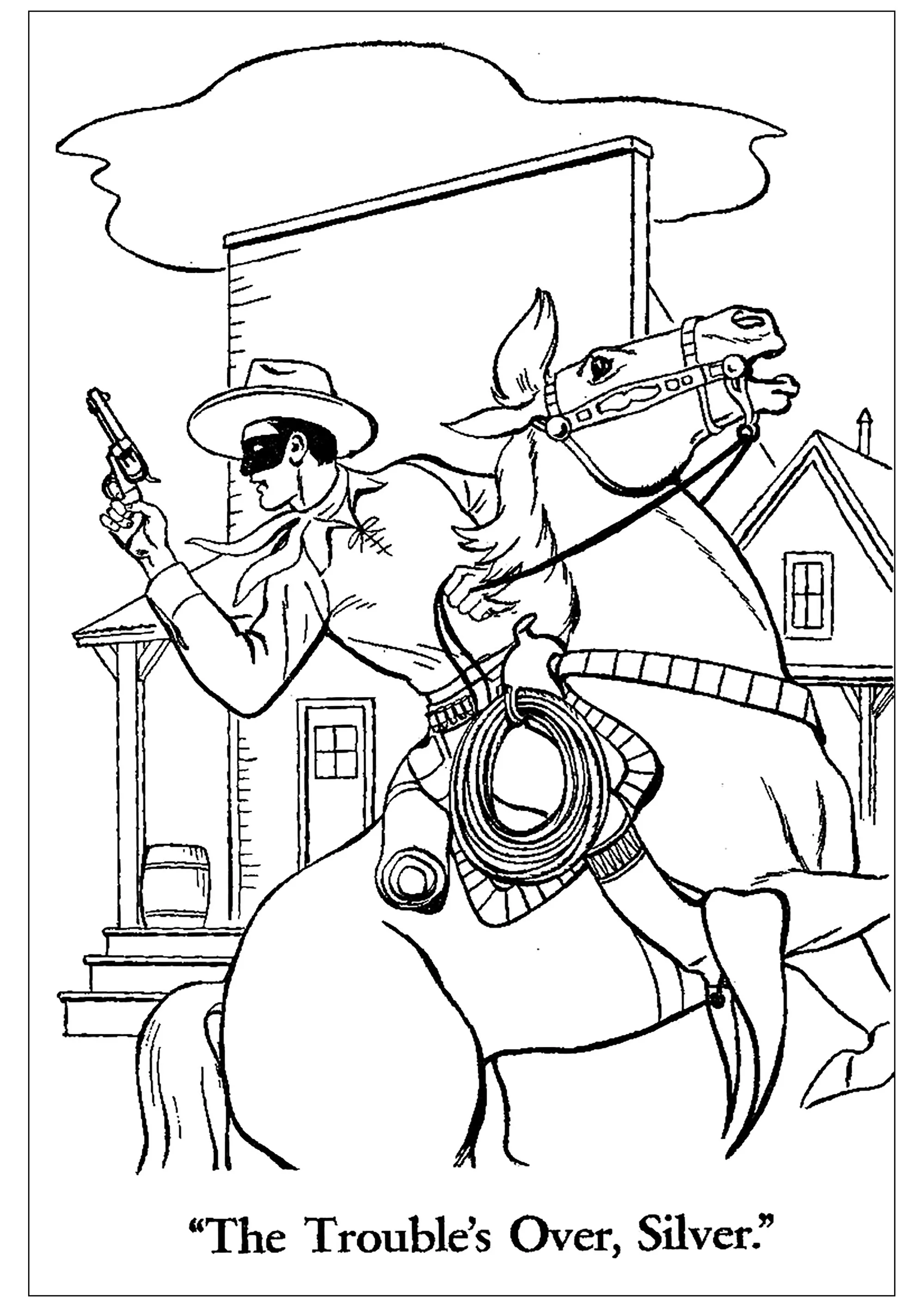 Disegno d'epoca di un cowboy a cavallo (Pagina da Colorare per bambini)