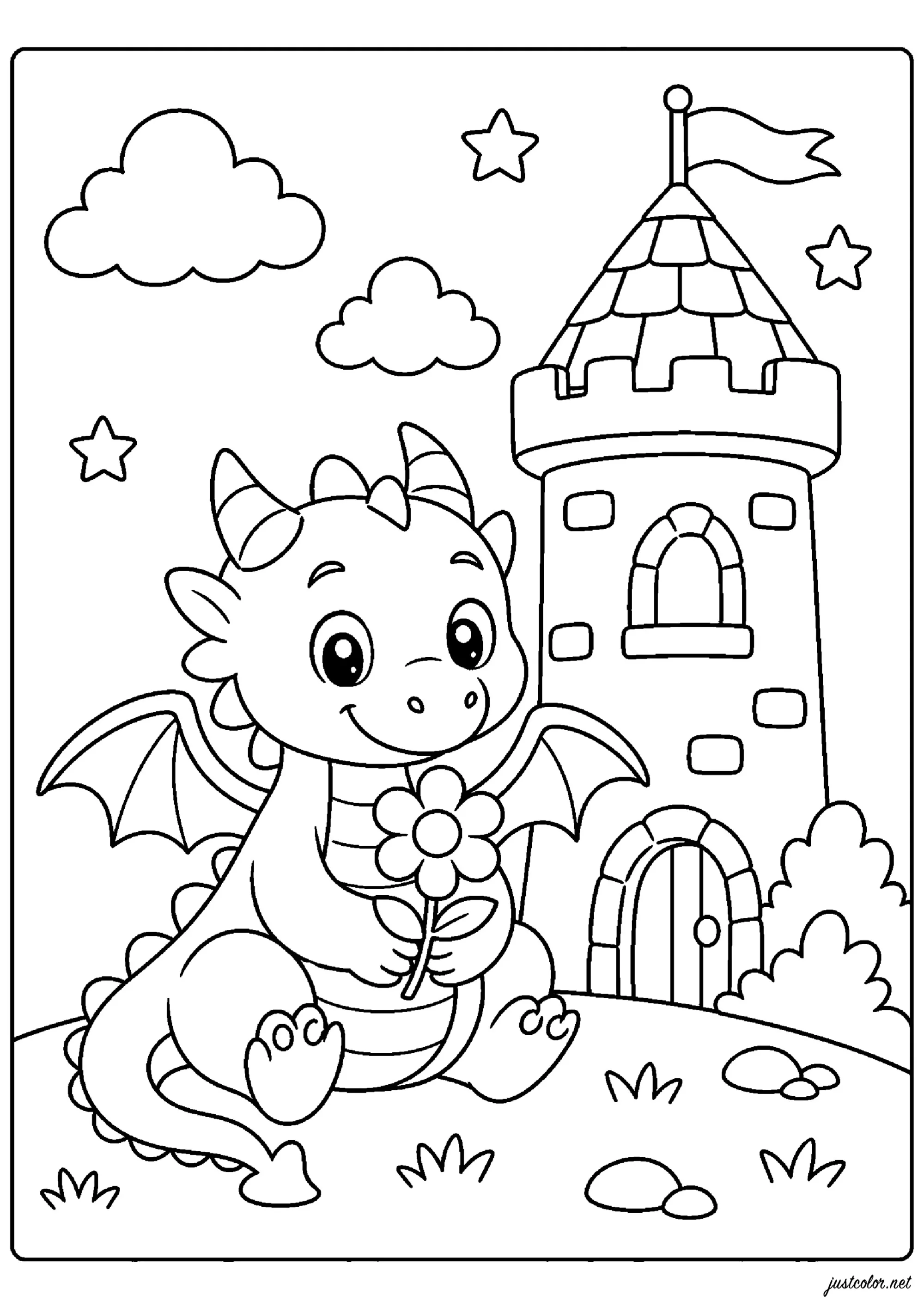 Piccolo drago e il suo castello (Pagina Creature leggendarie da Colorare per bambini)