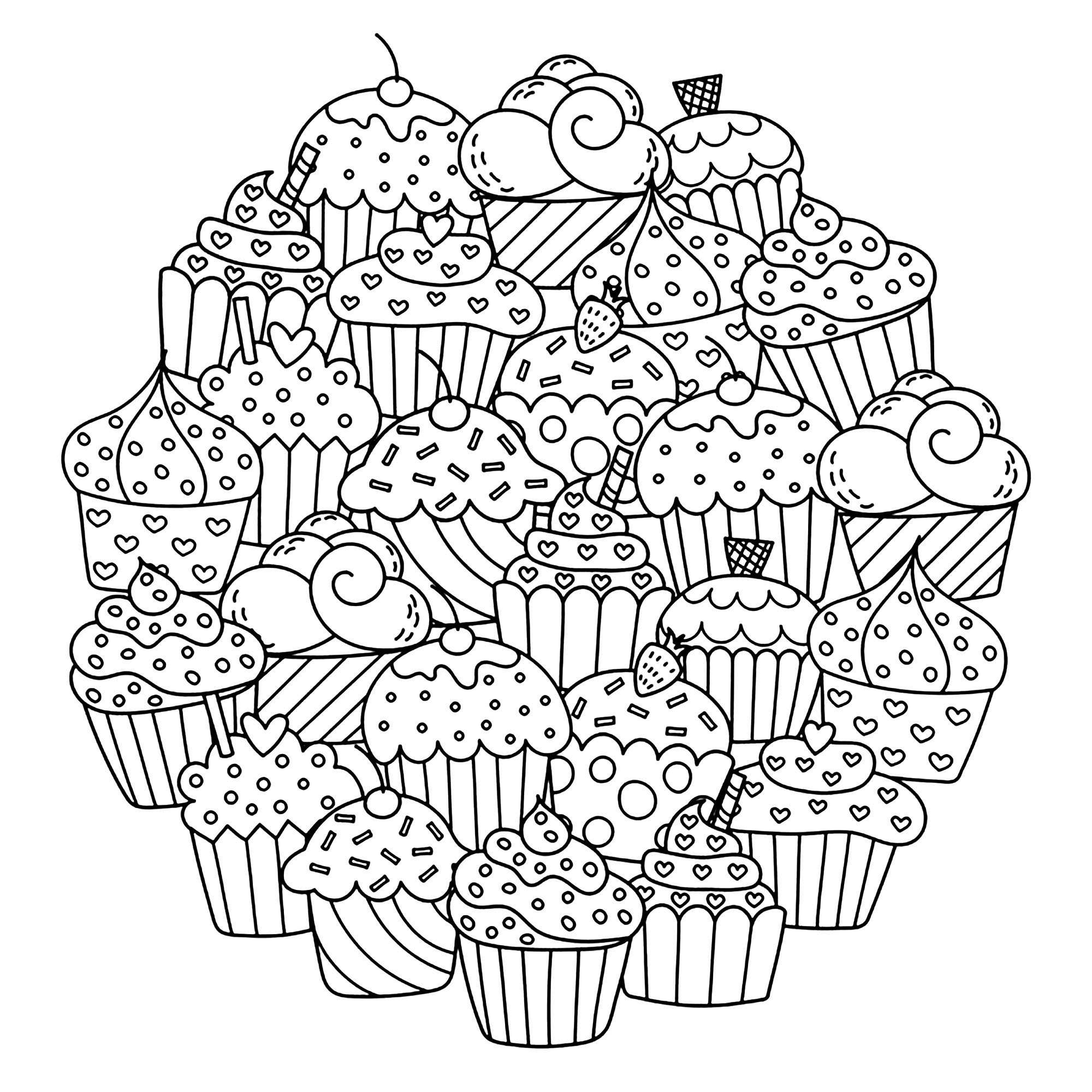 Pagina Cupcakes e Dolci da Colorare : Design circolare per cupcake Pagina Cupcakes e Dolci da Colorare per bambini : Design circolare per cupcake