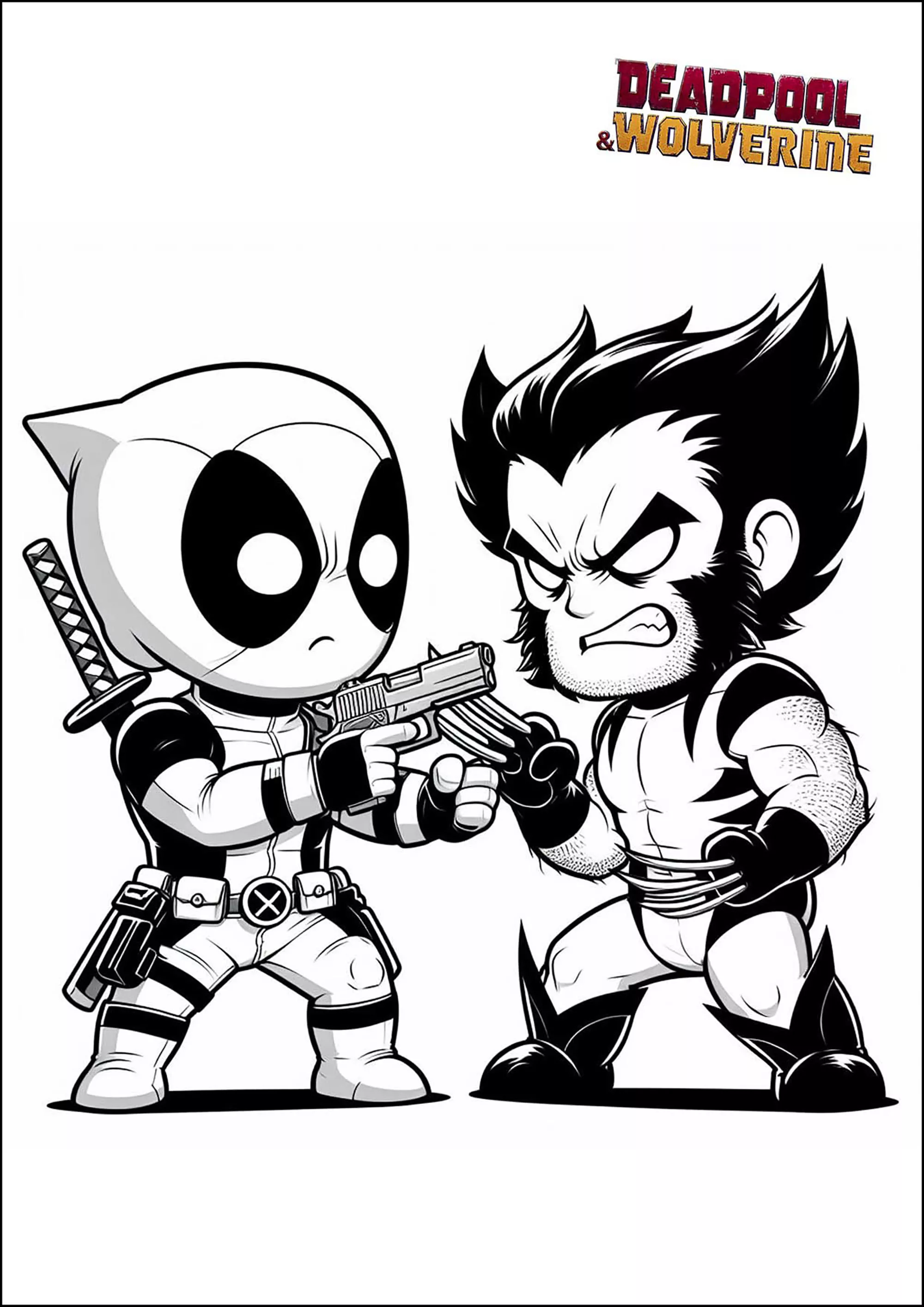 Deadpool e Wolverine sono arrabbiati. (Pagina da Colorare per bambini)