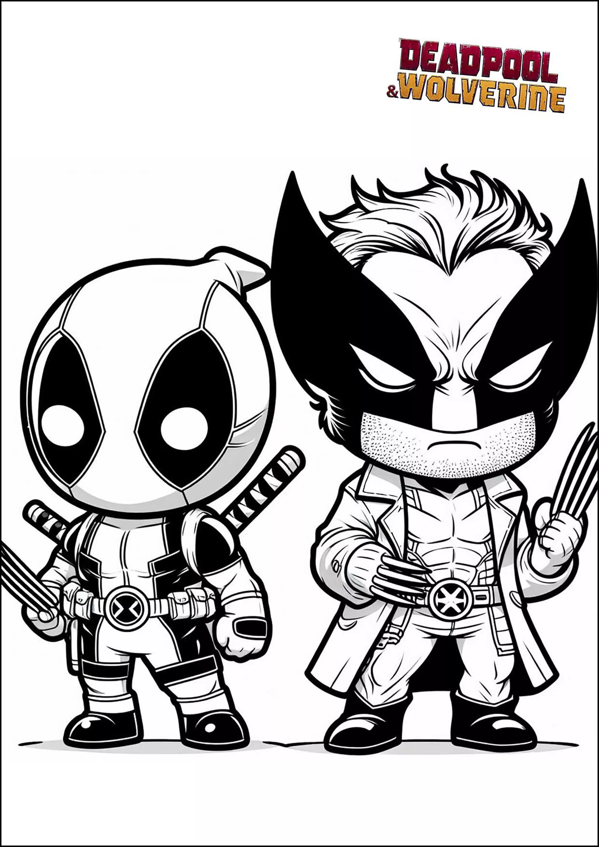 Deadpool e Wolverine: personaggi Kawaii (Pagina da Colorare per bambini)