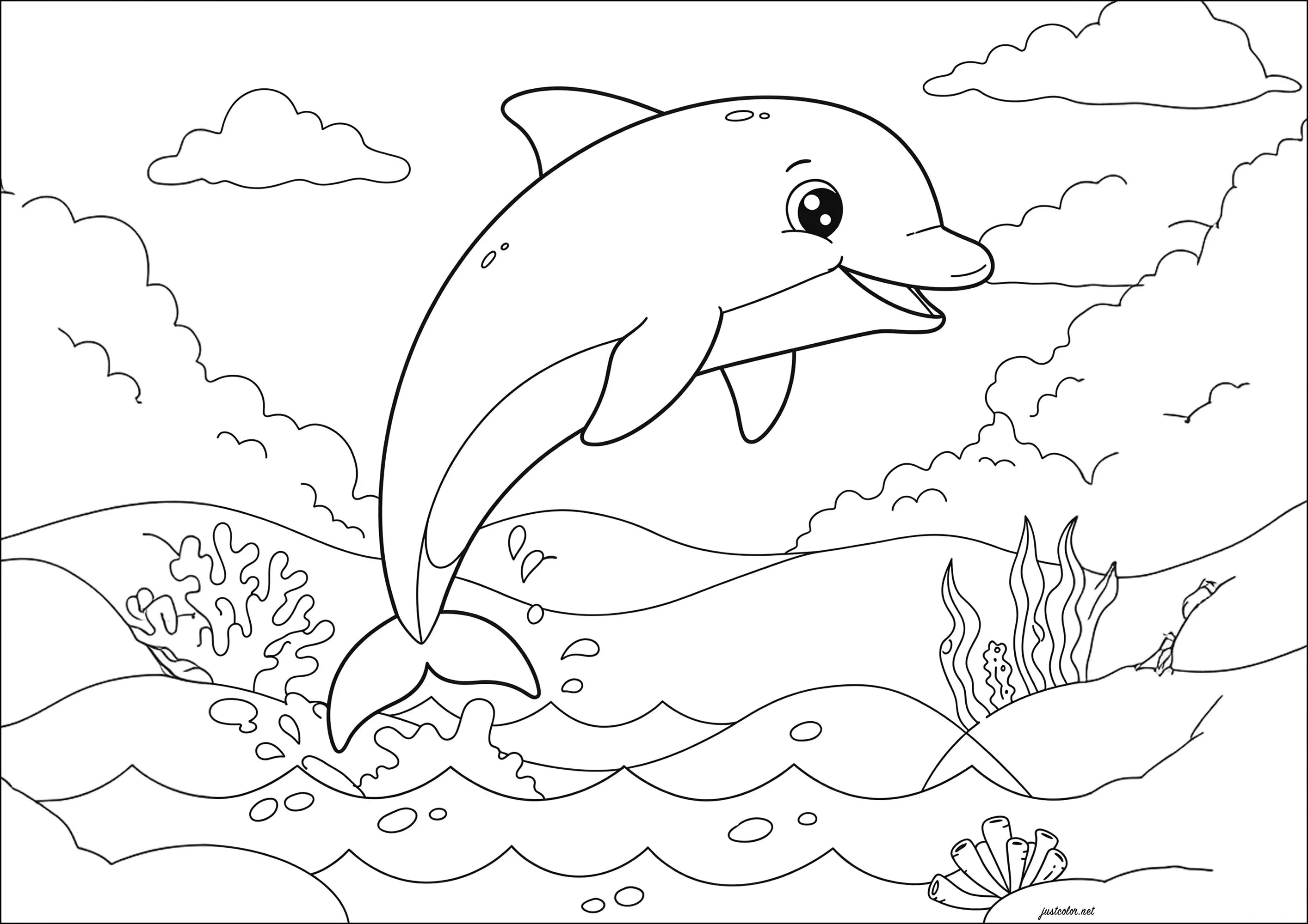 Delfino che salta fuori dall'acqua (Pagina Delfini da Colorare per bambini)