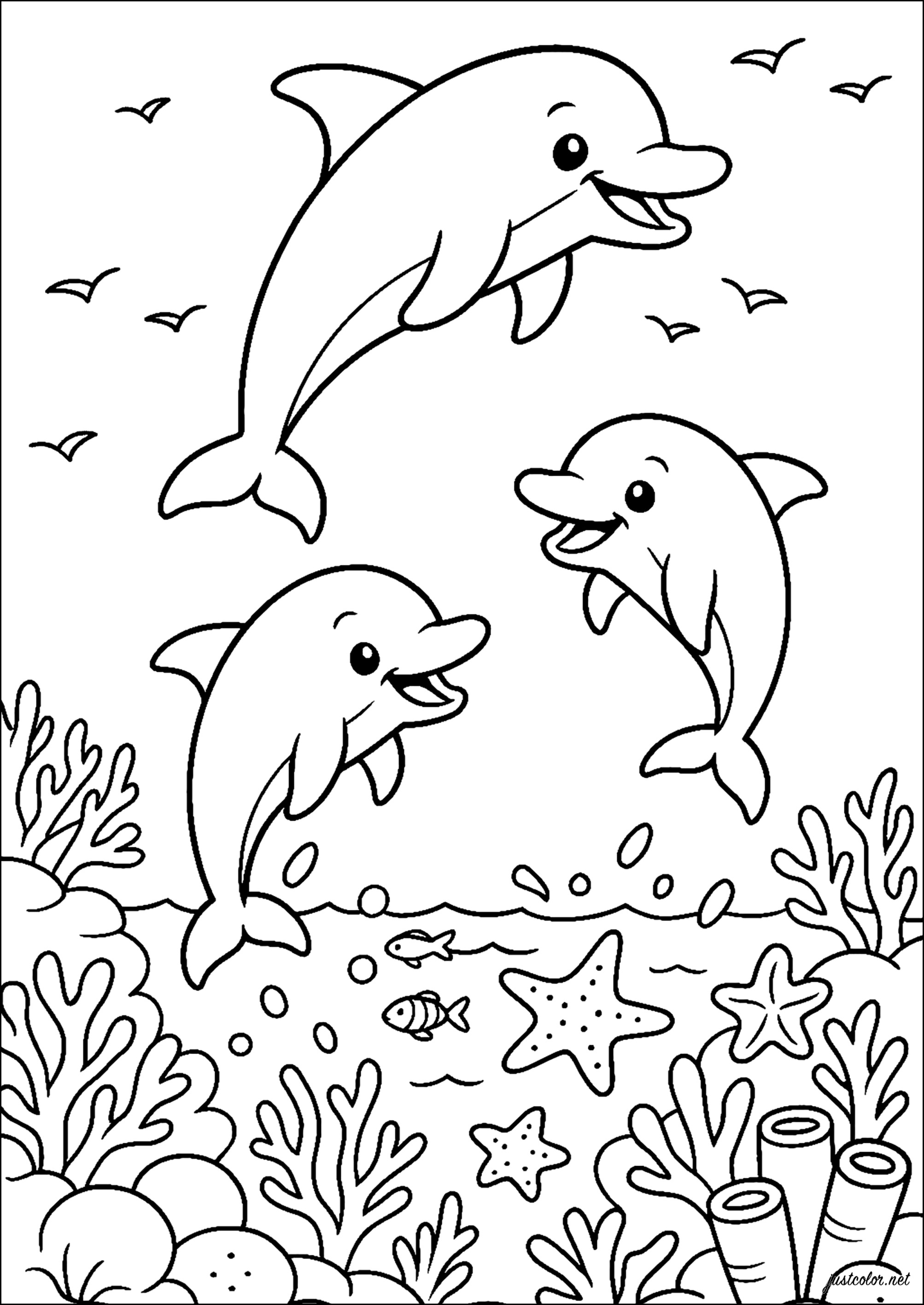 Tre Delfini saltano fuori dall'acqua (Pagina da Colorare per bambini)