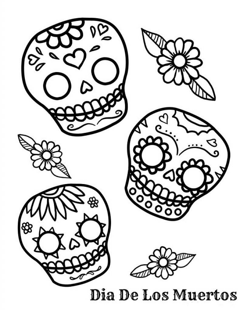 3 teschietti da colorare - Pagine Dia De Los Muertos (Il Giorno dei Morti)  da Colorare, image size:791x1024