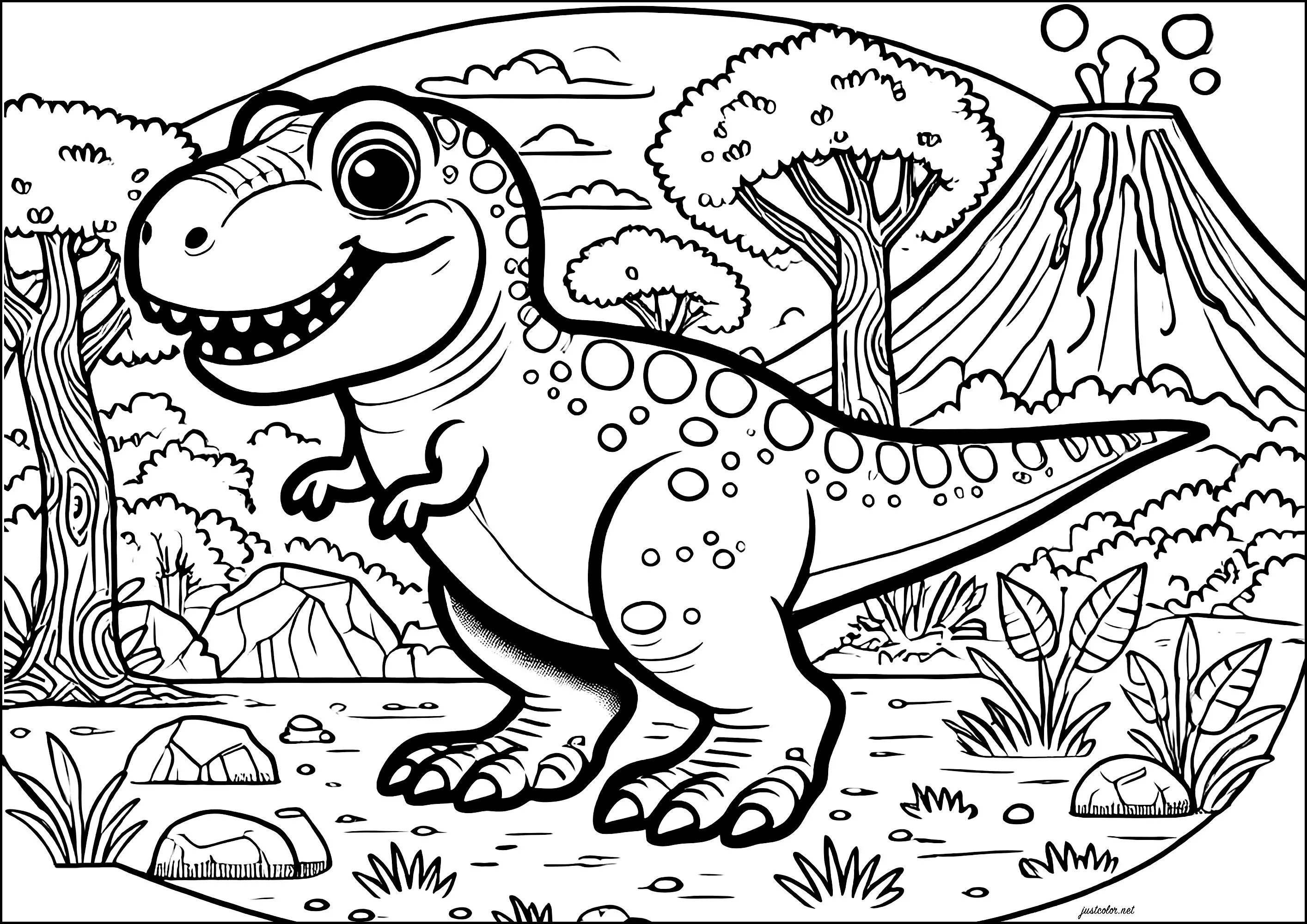T-Rex con un vulcano sullo sfondo (Pagina Dinosauri da Colorare per bambini)