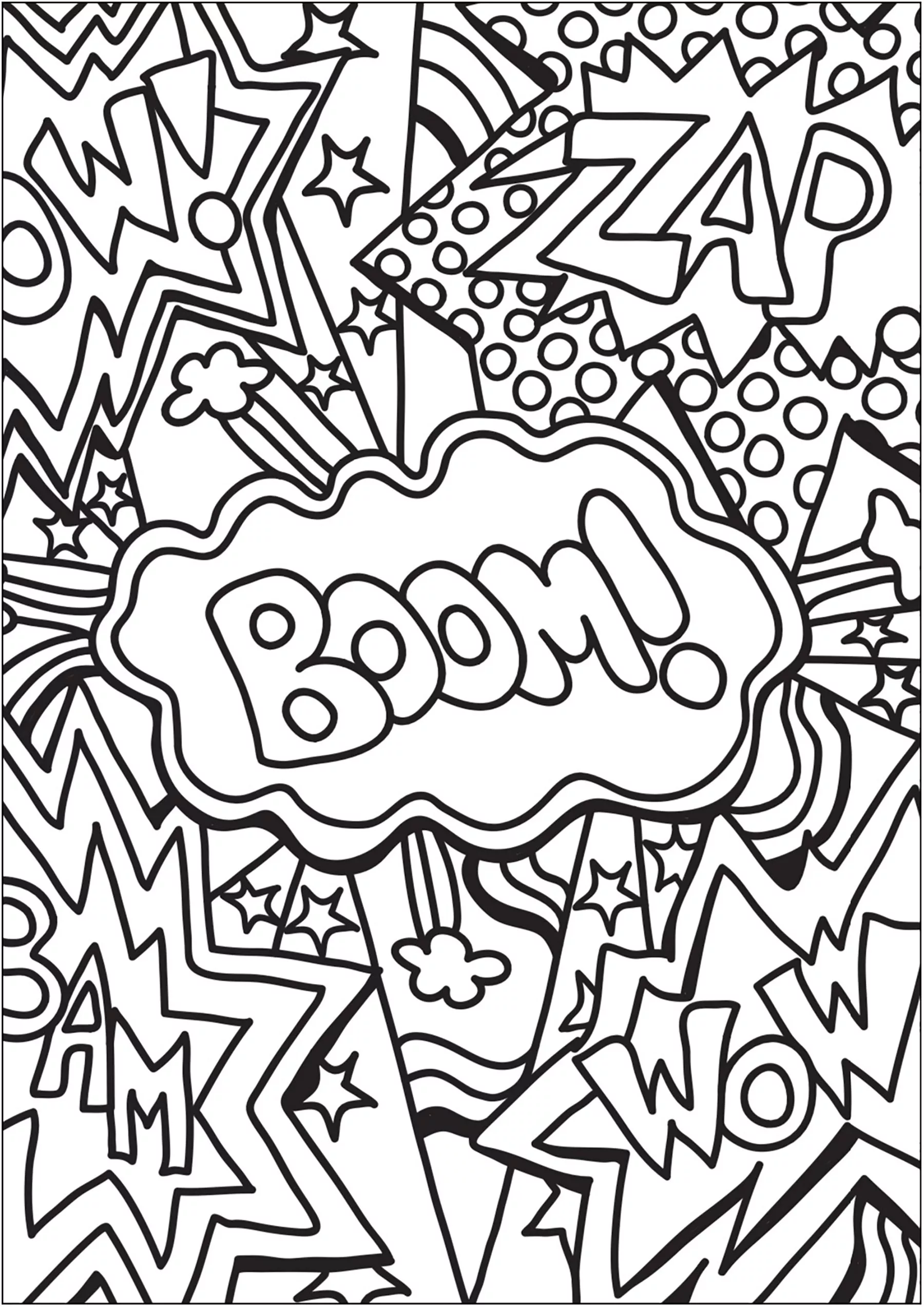 Scarabocchio con parole tratte da fumetti e libri a fumetti (Pagina Doodle Art da Colorare per bambini)
