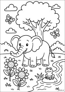 Elefante vicino a un fiume (Pagina Elefanti da Colorare)