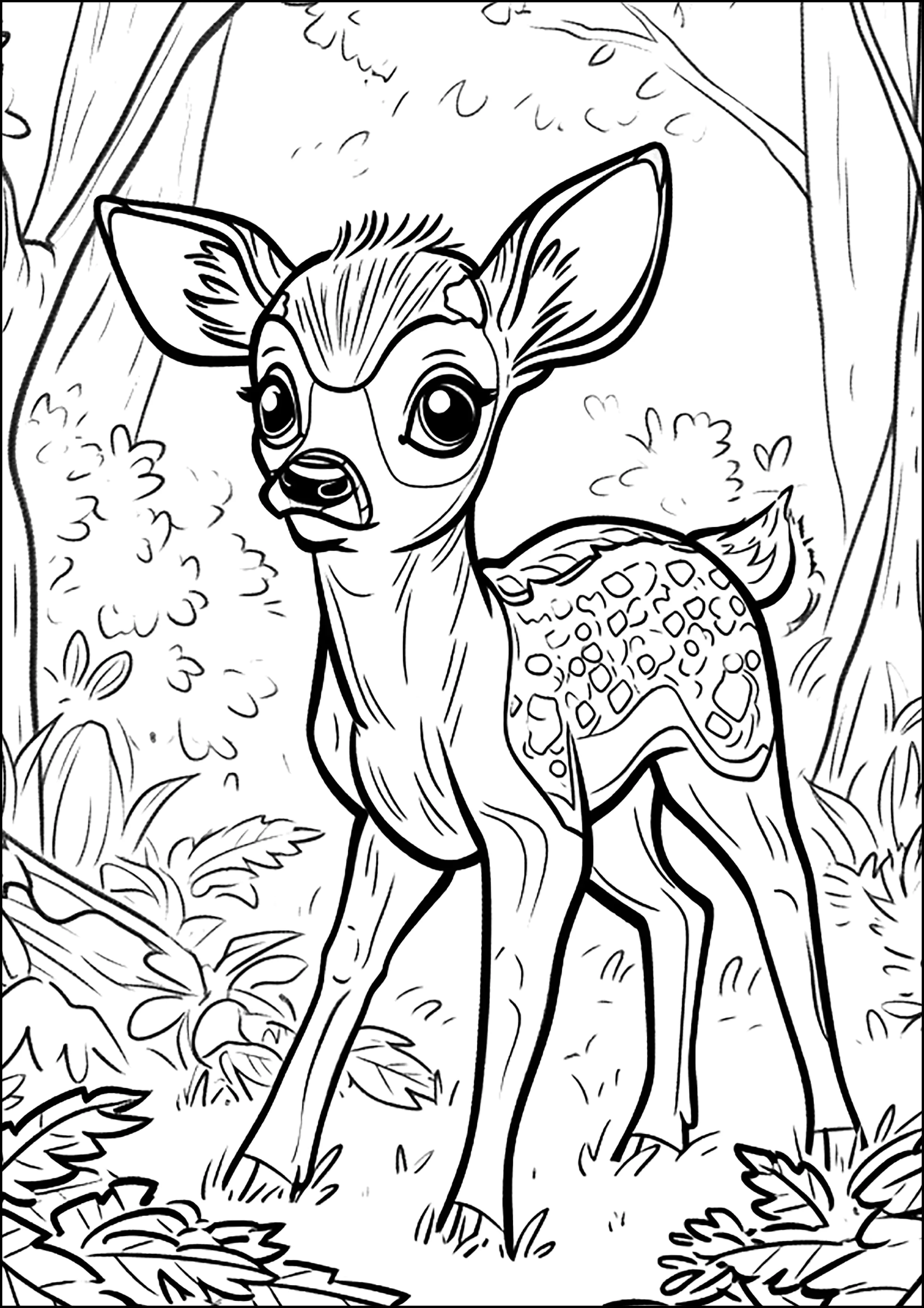 Bel cerbiatto nel bosco (Pagina Faon da Colorare per bambini)