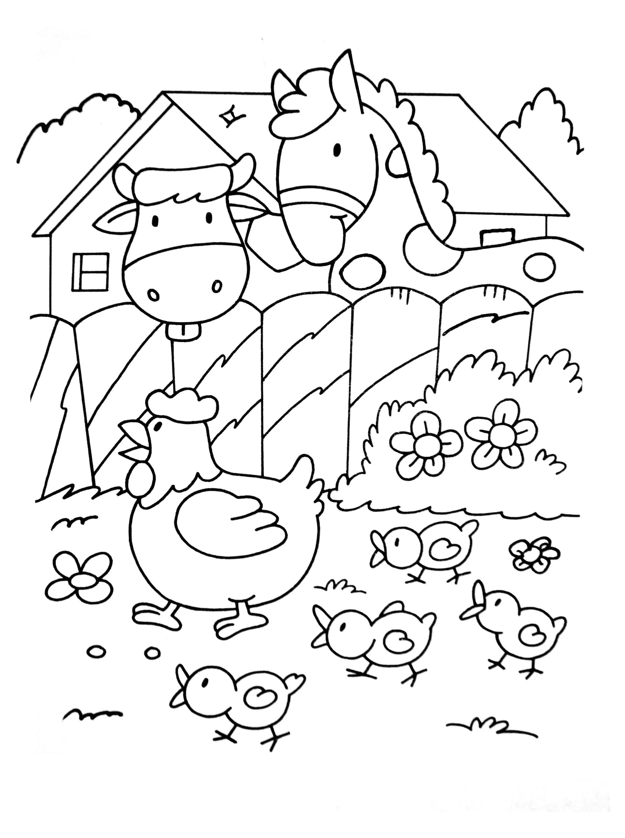 Una gallina e i suoi pulcini, osservati da una mucca e da un cavallo (Pagina Fattoria da Colorare per bambini)