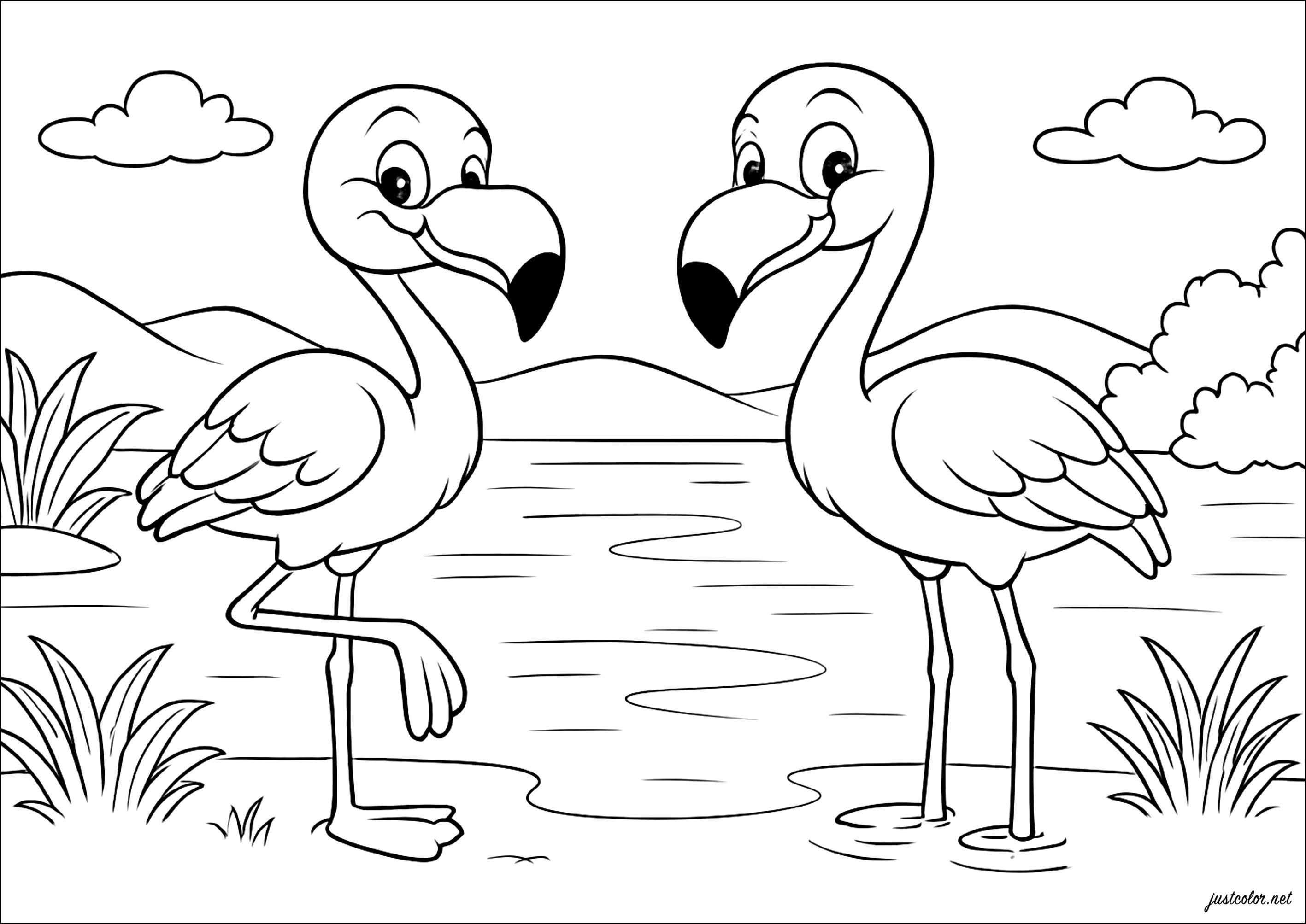 Fenicotteri rosa in riva al mare (Pagina da Colorare per bambini)