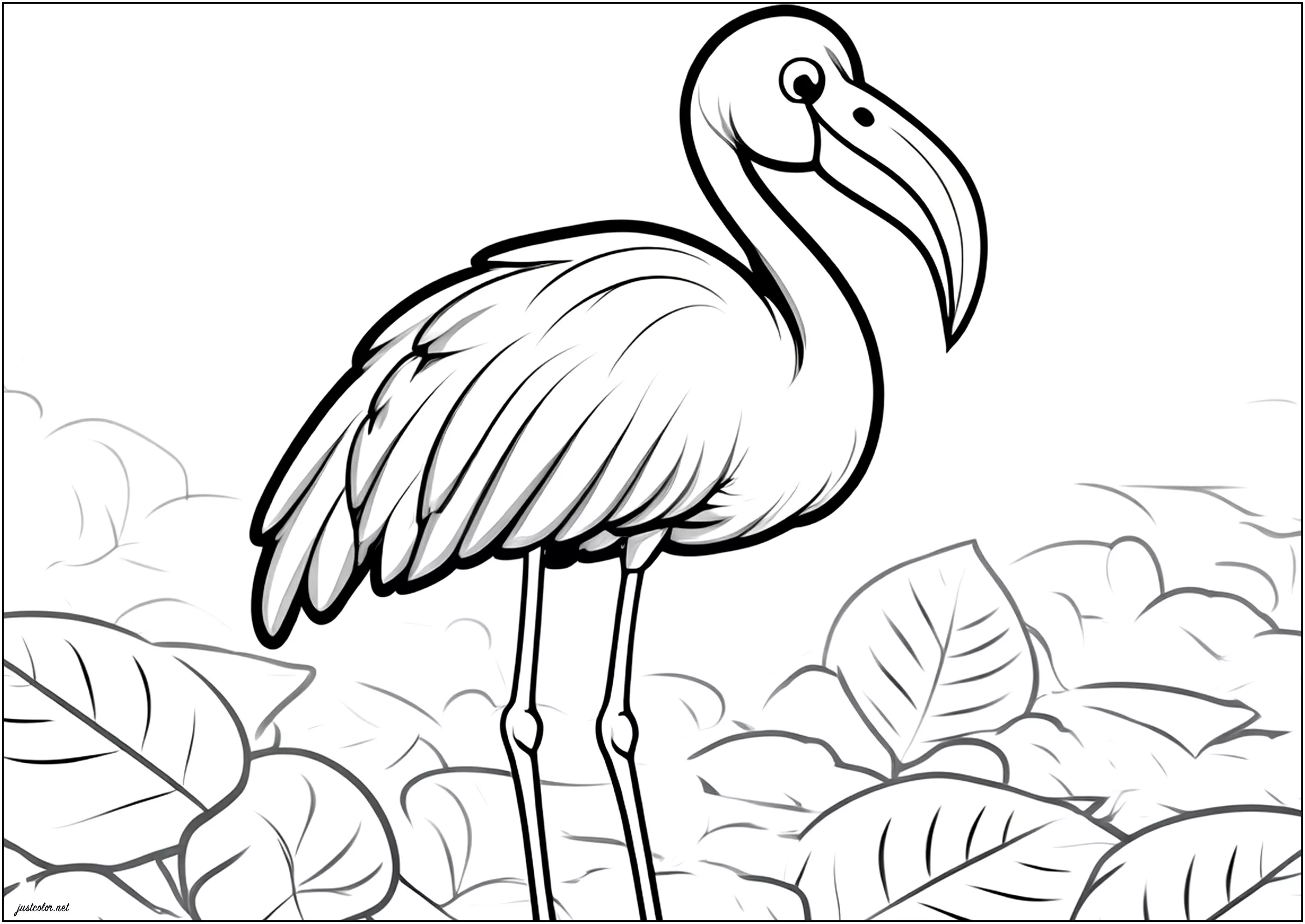 Facile colorazione di un fenicottero rosa. (Pagina Fenicotteri rosa da Colorare per bambini)