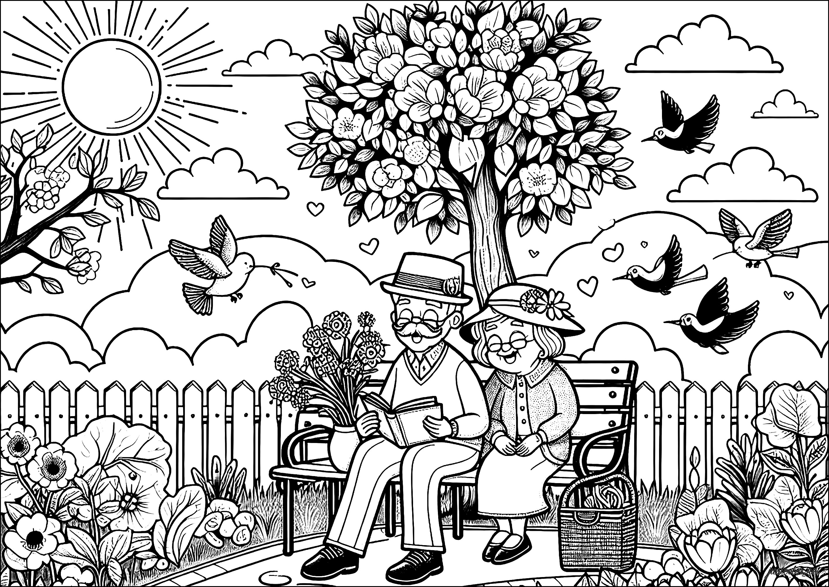 Dolci momenti in giardino (Pagina Festa dei Nonni da Colorare per bambini)