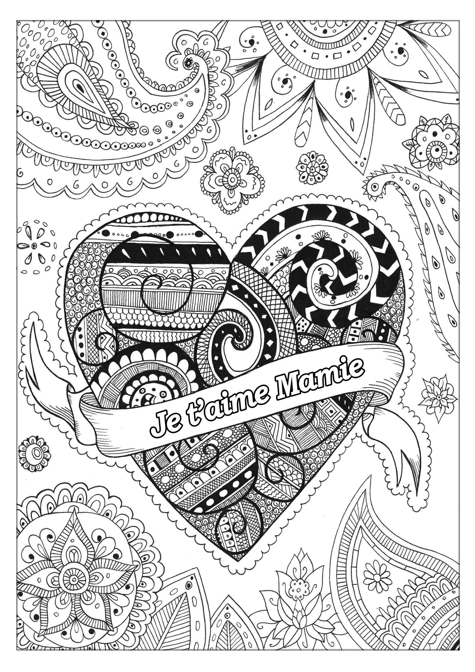 Pagina da colorare di "Je t'aime Mamie" complesso (Festa dei Nonni)