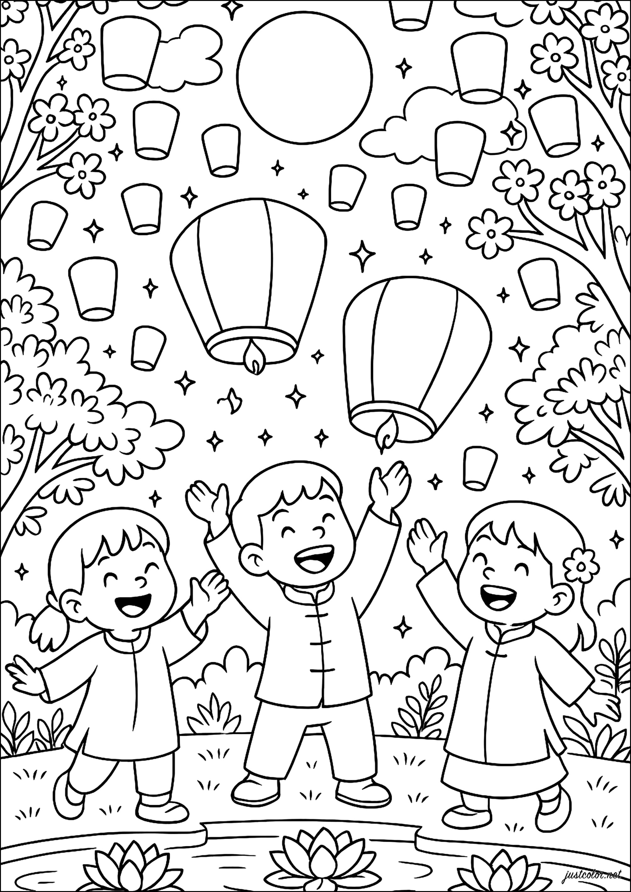 Tre bambini che lanciano lanterne - Pagine Festa delle Lanterne da Colorare, image size:2006x2834