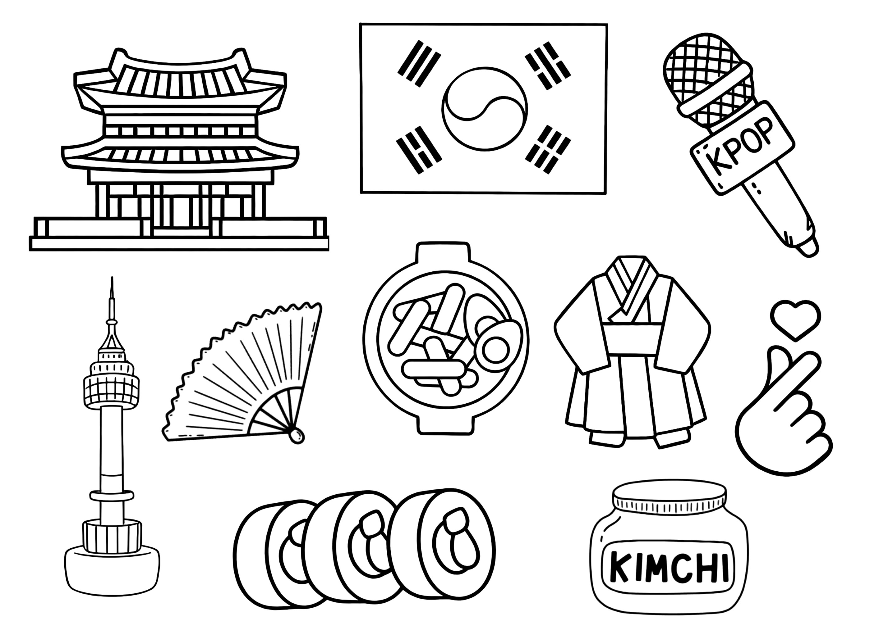 Simboli iconici della cultura coreana (Pagina Festival e tradizioni coreane da Colorare per bambini)