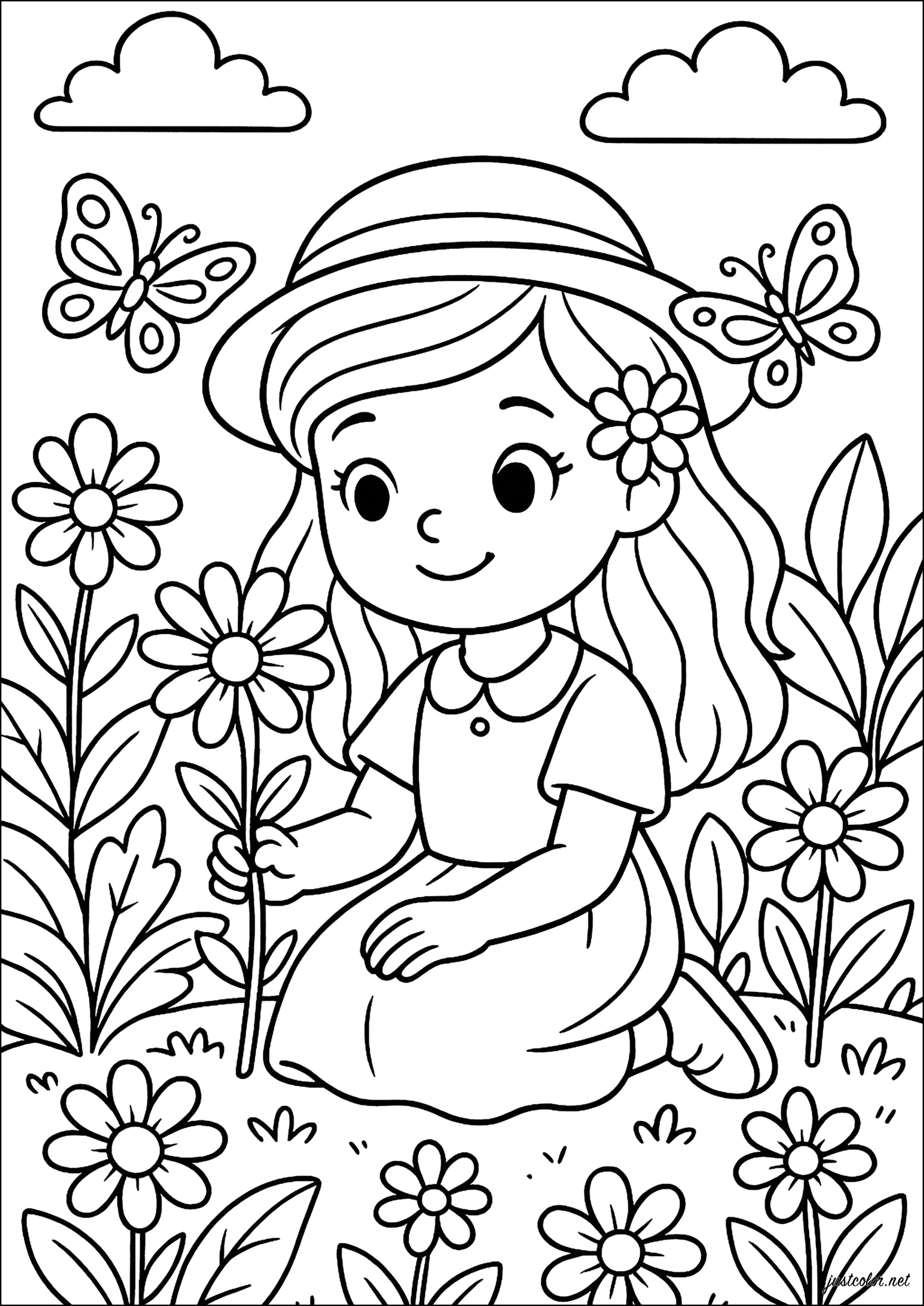 Giovane ragazza in mezzo ai Fiori - Pagine Fiori da Colorare, image size:2006x2834