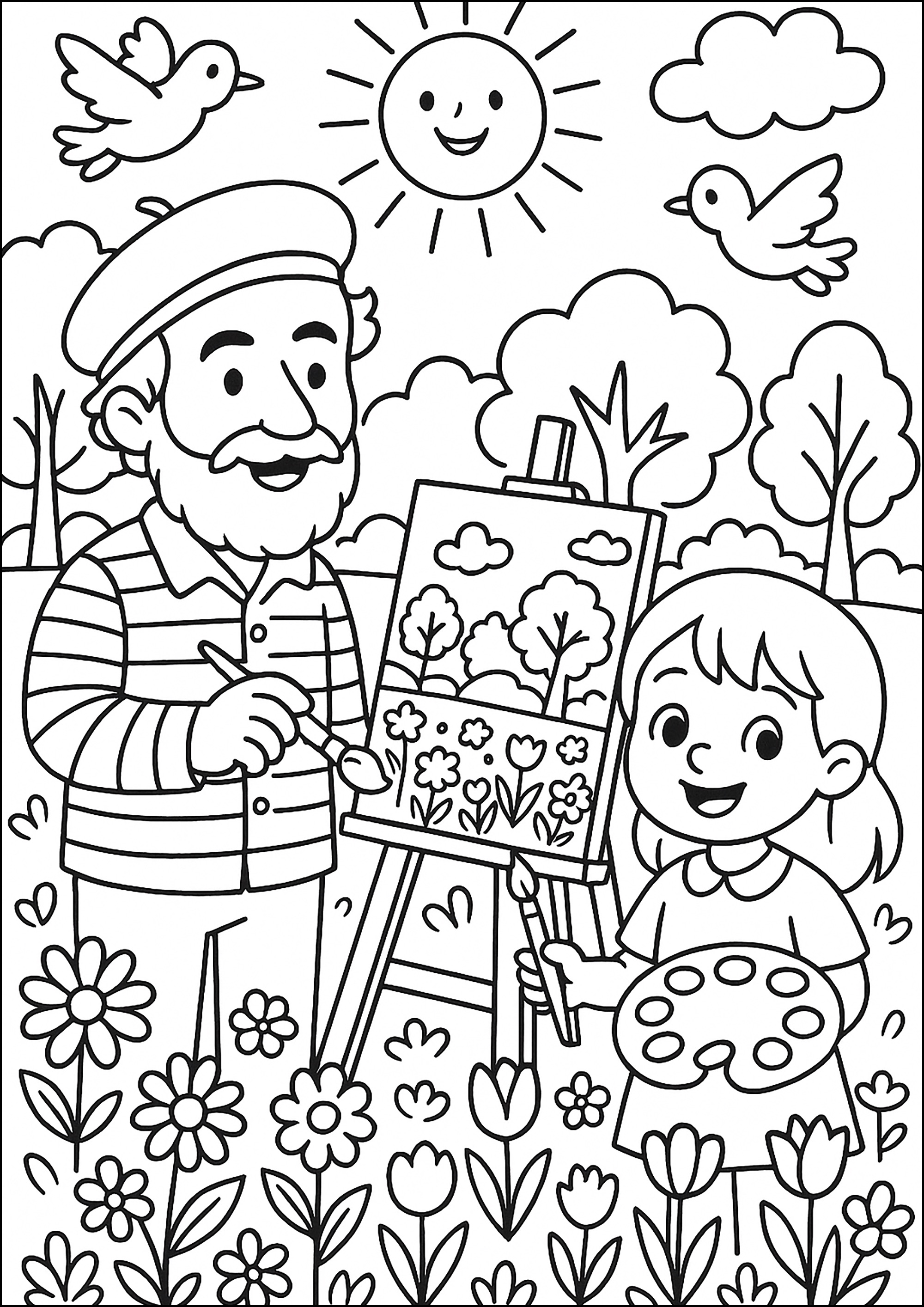 Un pittore e una ragazza che dipingono Fiori - Pagine Fiori da Colorare, image size:2000x2828