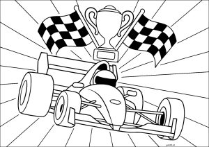 Formula 1 con coppa e due bandiere (Pagina da Colorare)