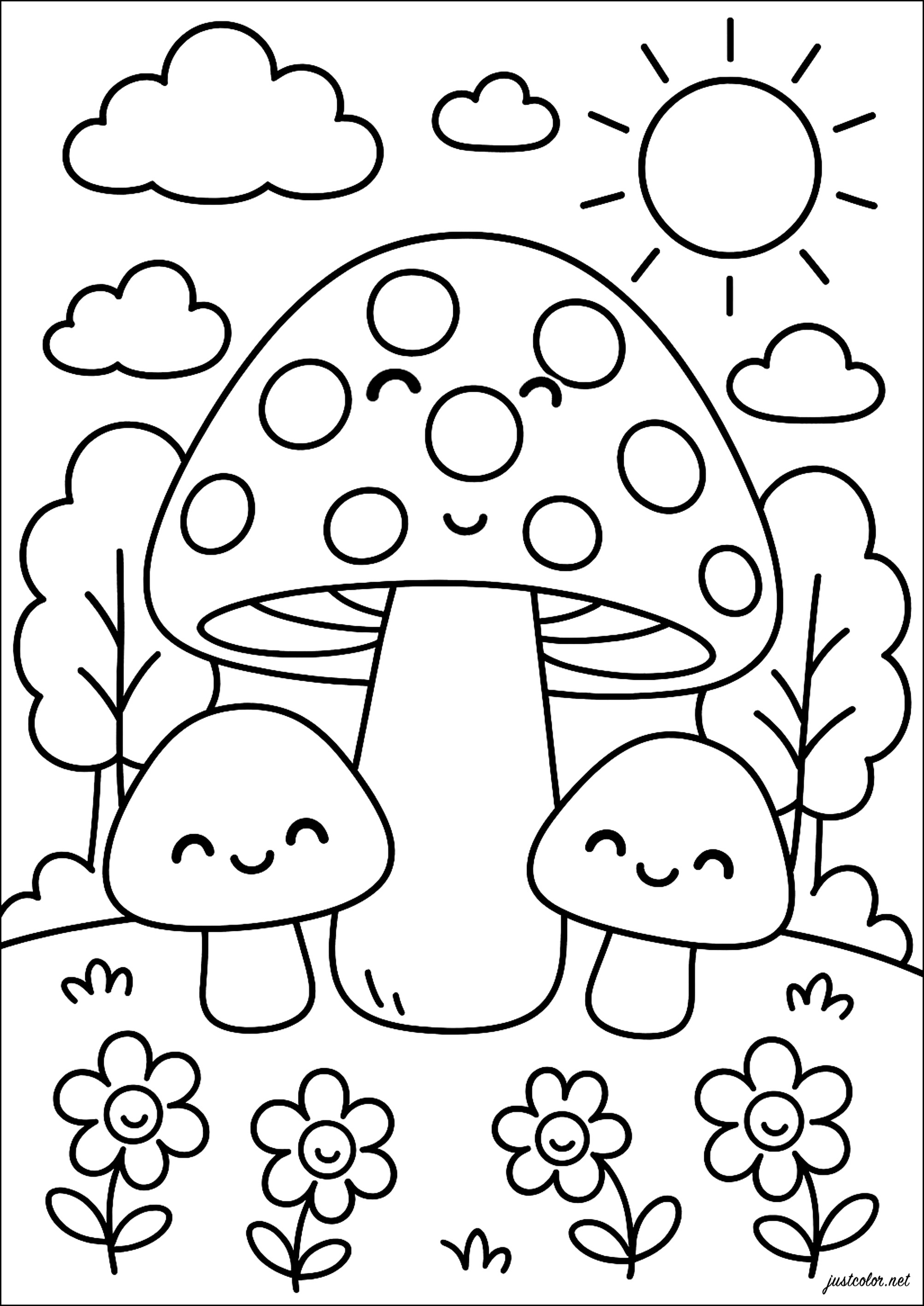 Bei funghi del bosco (Pagina da Colorare per bambini)