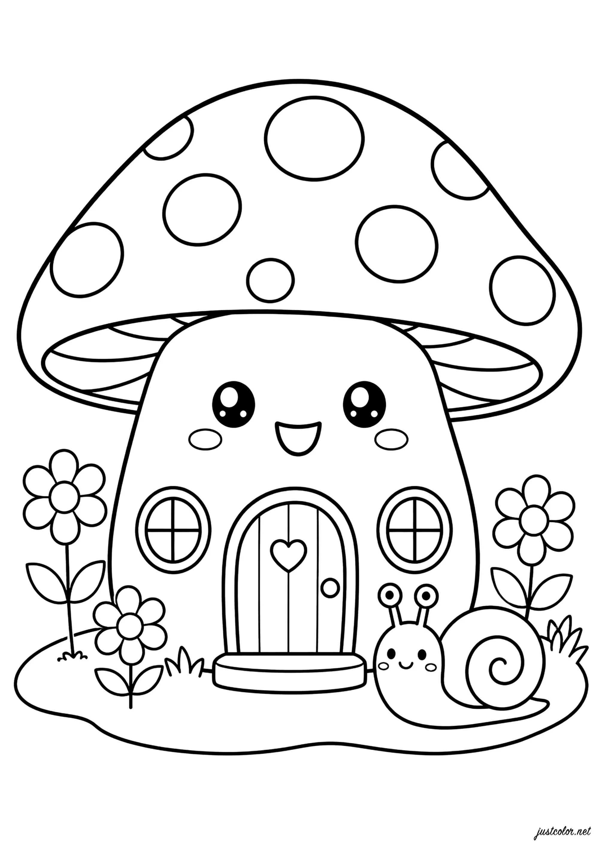 Casa fungo con una lumaca (Pagina Funghi da Colorare per bambini)
