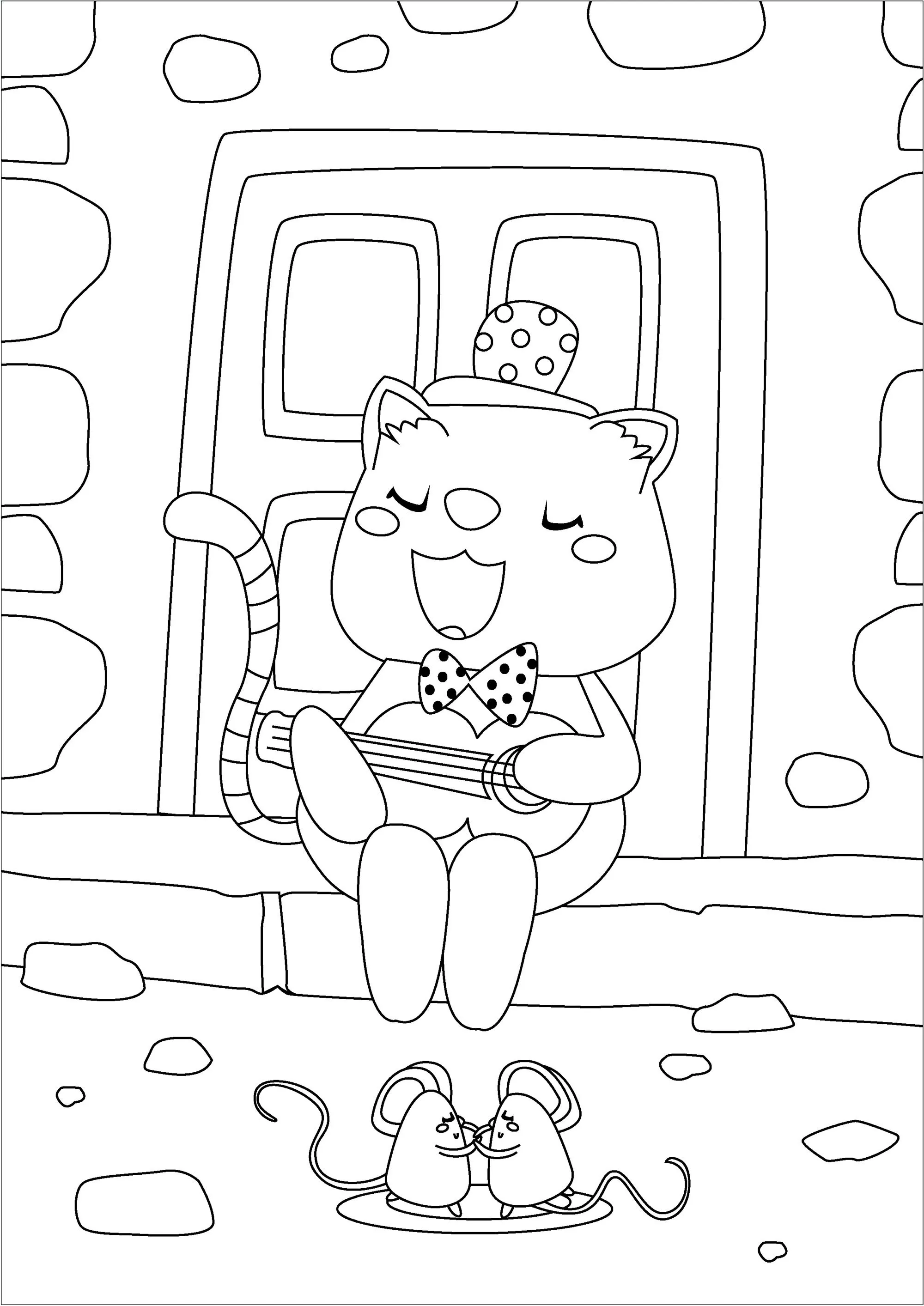 Chiacchierata con un gatto, una chitarra e un topo. (Pagina Gatti da Colorare per bambini)