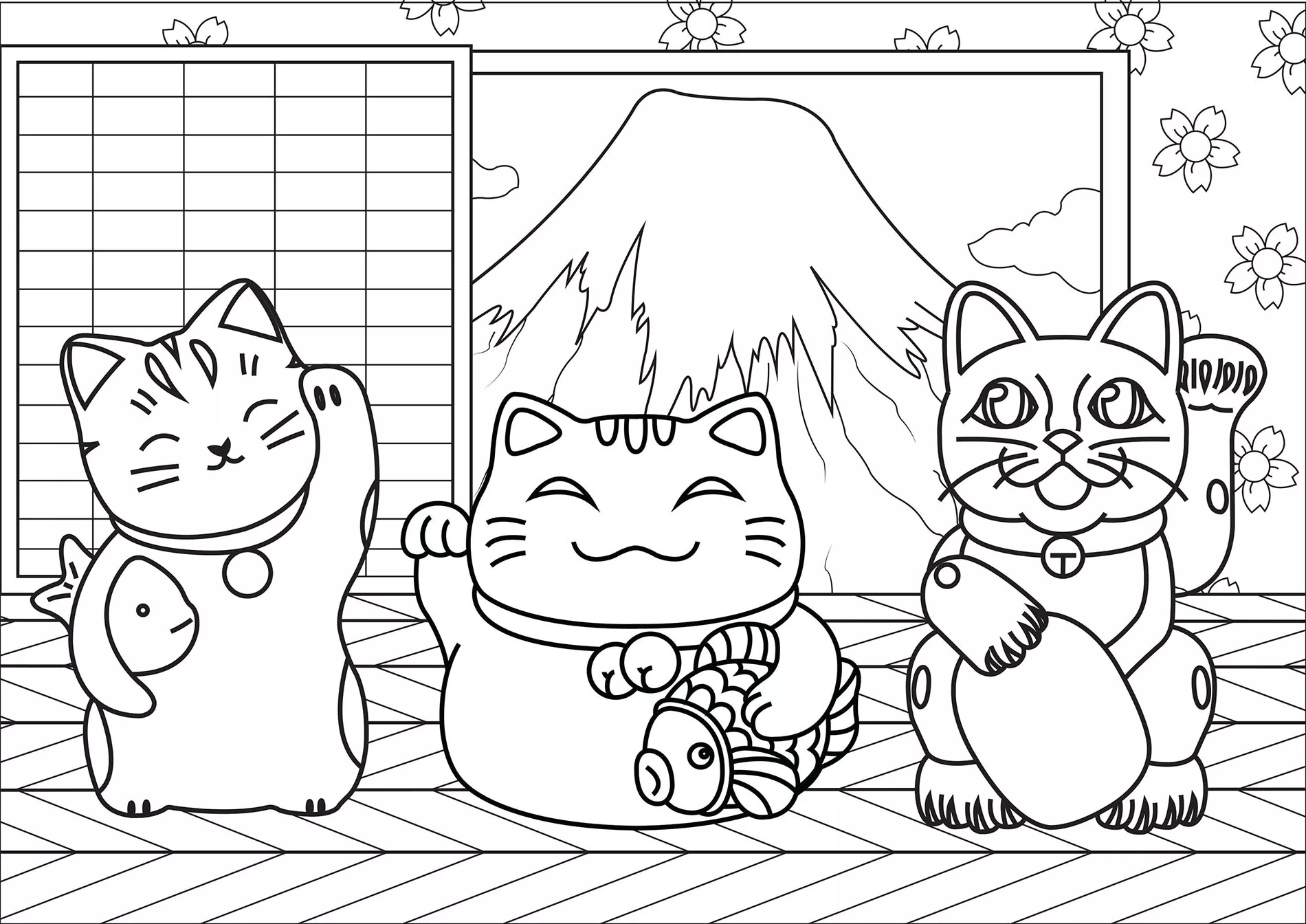 3 gatti Gatto portafortuna: versione semplice (Pagina da Colorare per bambini)