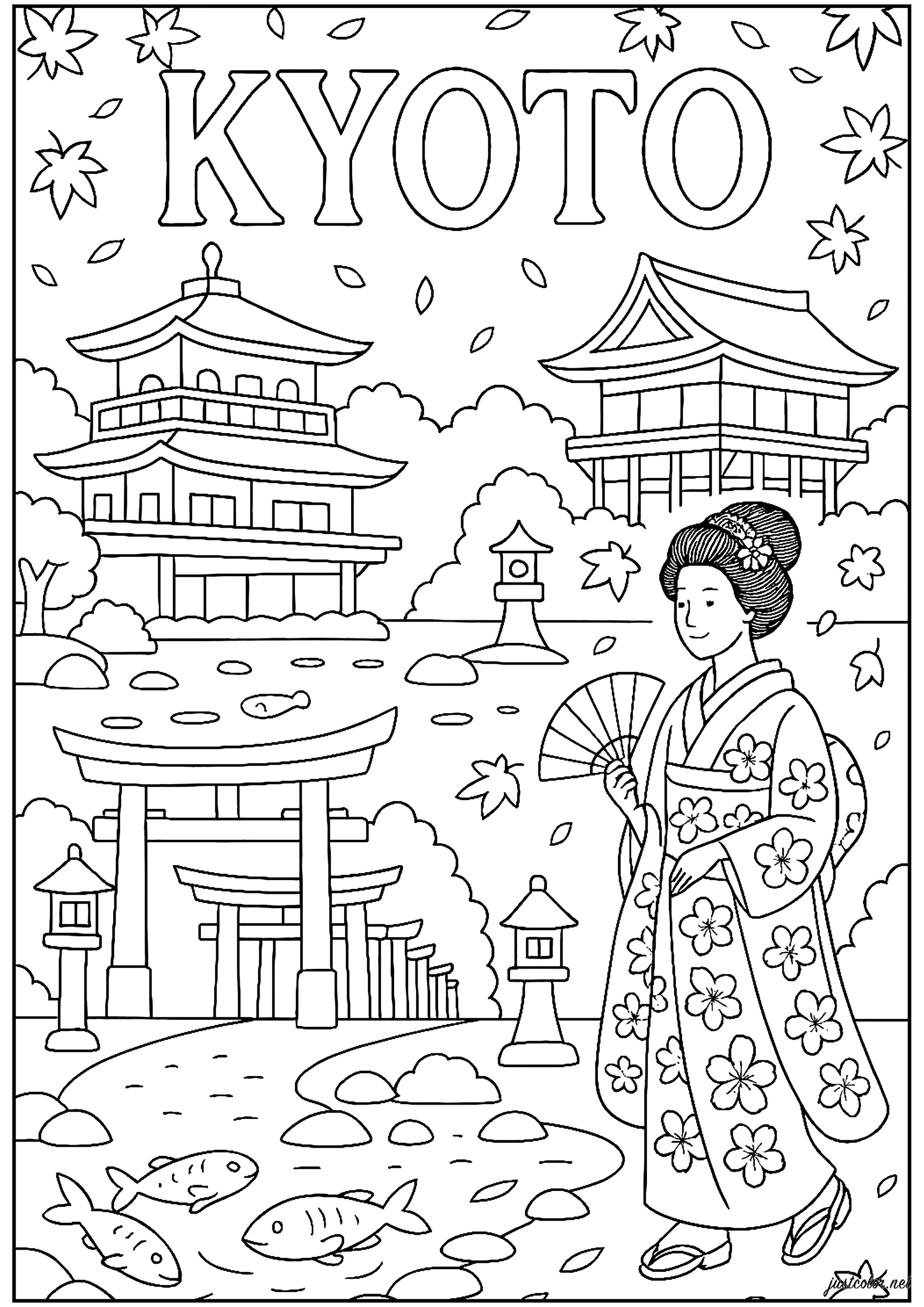 Kyoto e alcuni dei suoi più bei templi - Pagine Giappone da Colorare, image size:2000x2828