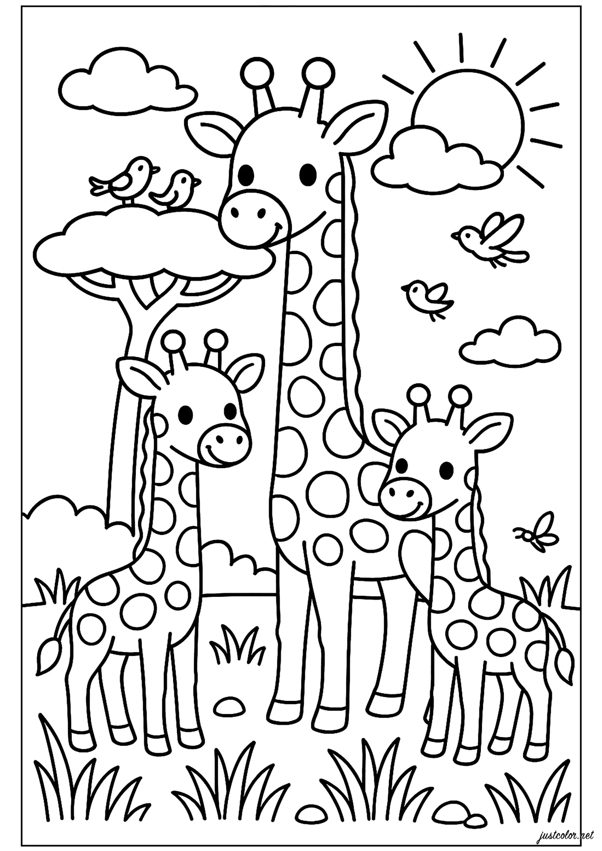 Famiglia di Giraffa nella savana (Pagina da Colorare per bambini)