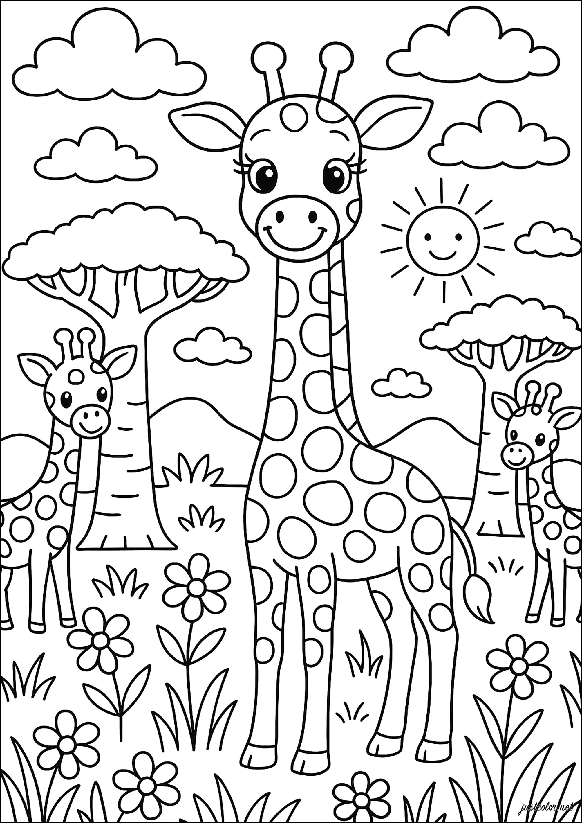 Famiglia Giraffa in Safari Felice (Pagina da Colorare per bambini)