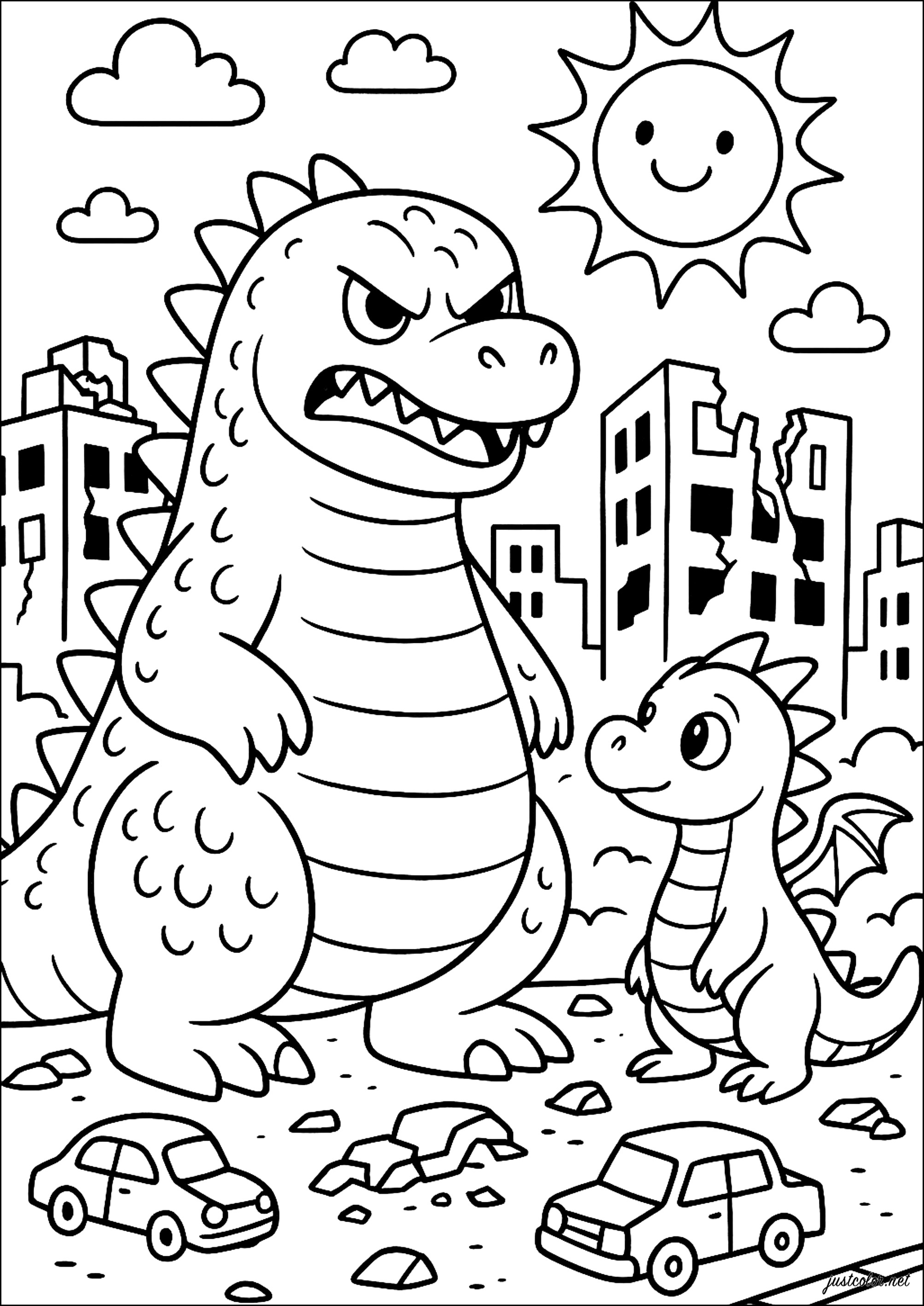 Godzilla e suo figlio (Pagina da Colorare per bambini)