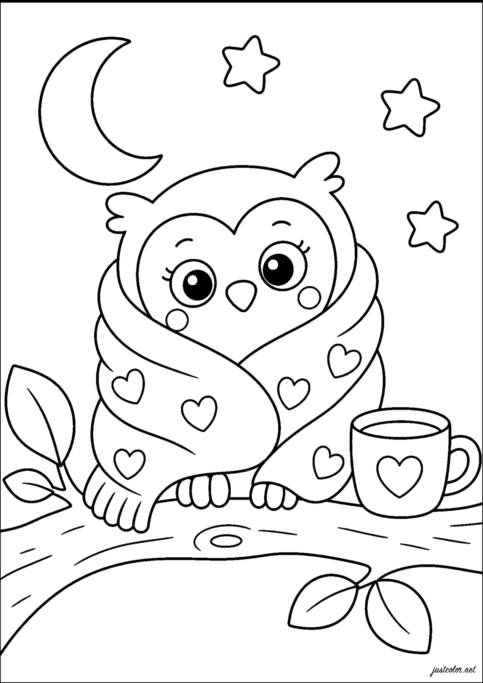 Gufo avvolto in una coperta, con una piccola tazza calda (Pagina Gufi da Colorare per bambini)