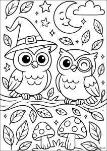 Gufi della Foresta Incantata (Pagina da Colorare)