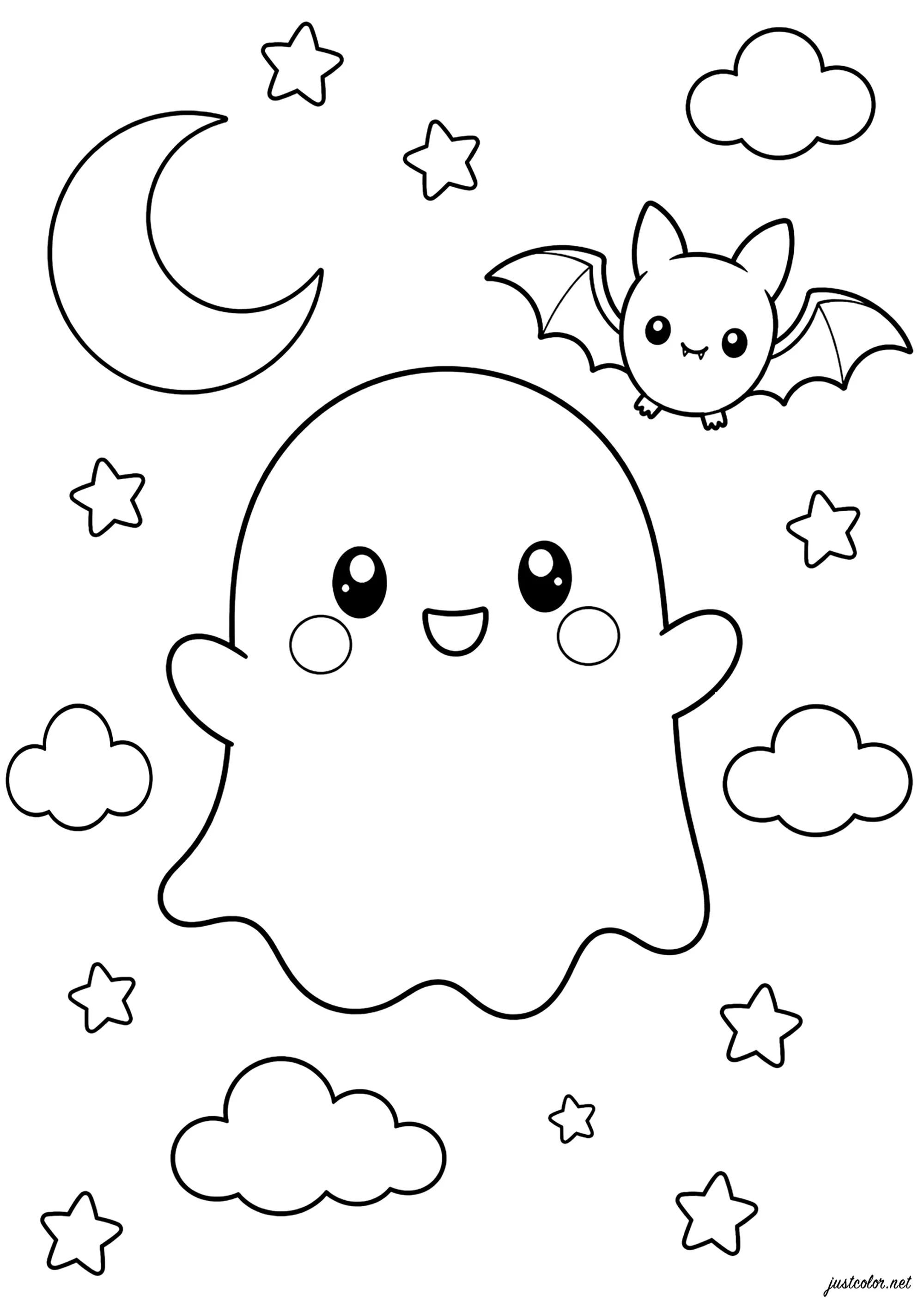 Piccolo fantasma volante accanto a un pipistrello (Pagina Halloween da Colorare per bambini)