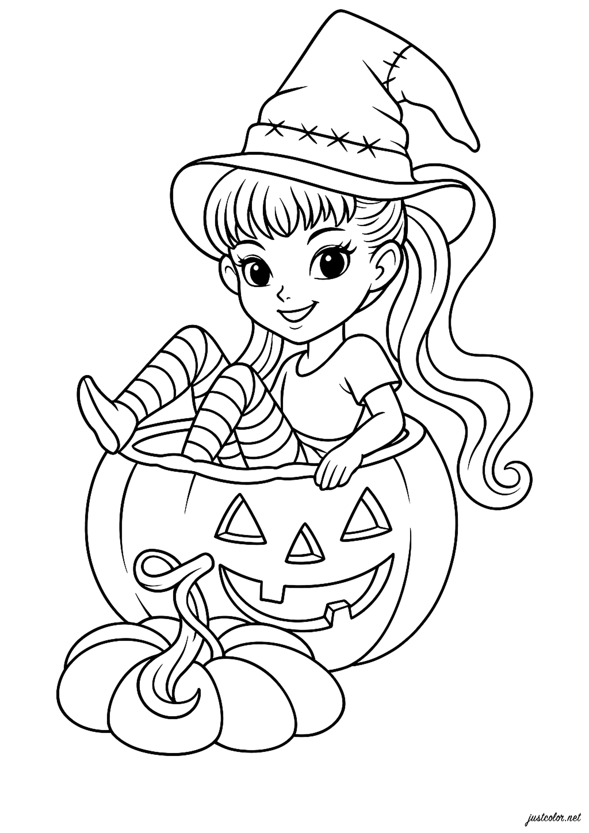 Piccola strega in una zucca (Pagina Halloween da Colorare per bambini)