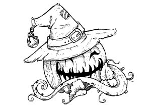 Zucca a cappello e grande rovo spinoso (Pagina Halloween da Colorare)