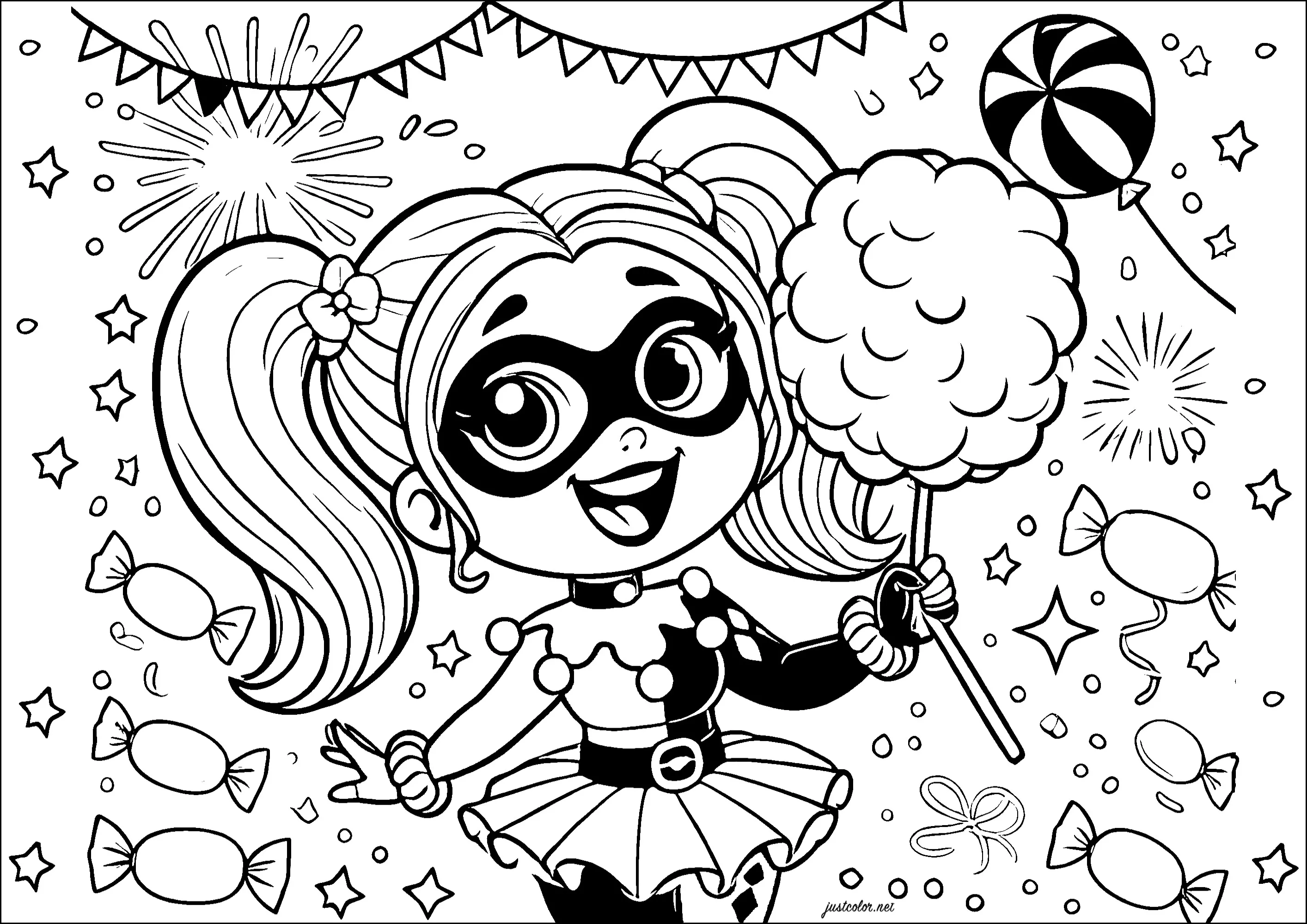 Harley Quinn con un barbapapà (Pagina da Colorare per bambini)