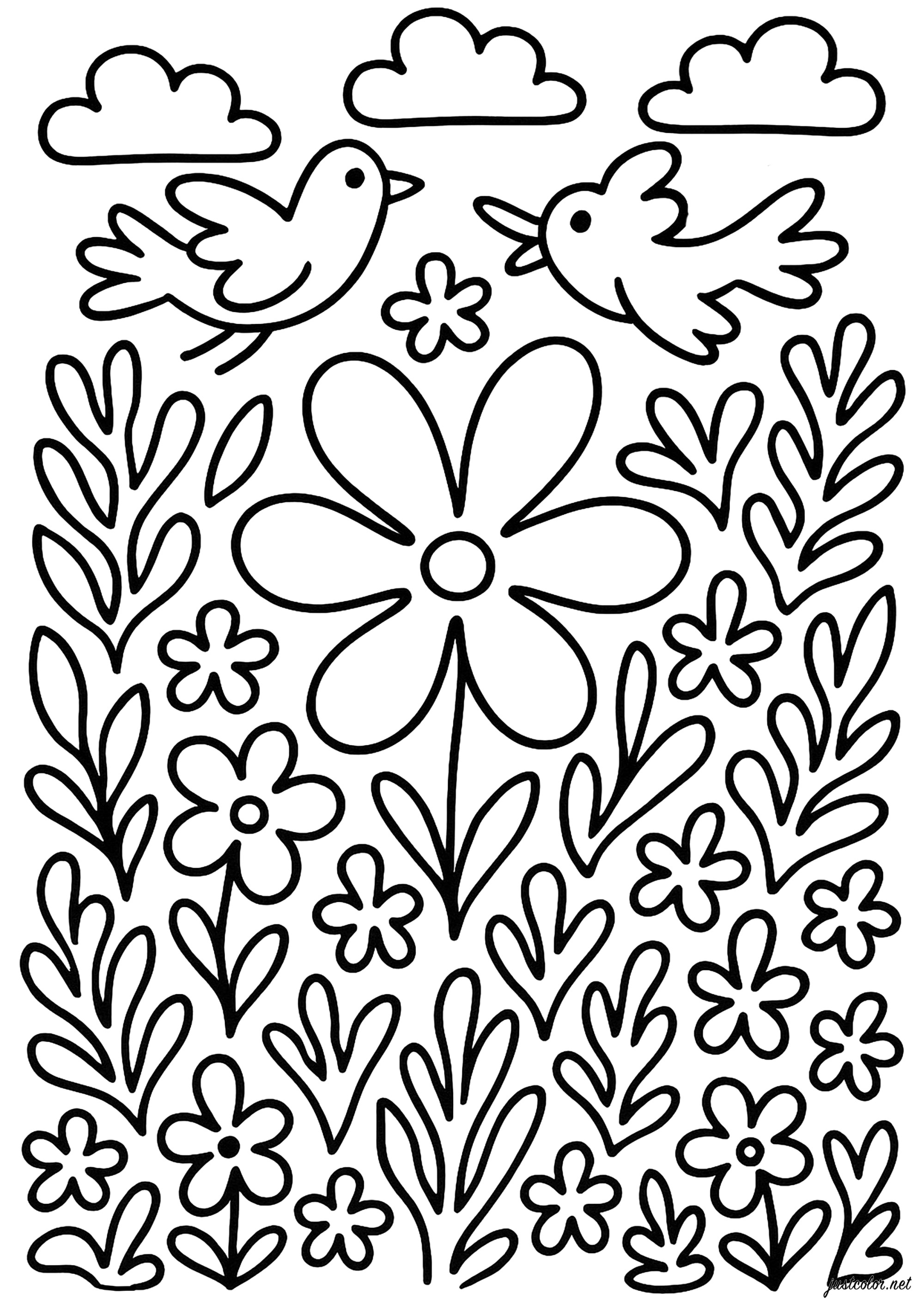 Armonia primaverile di uccelli e fiori (Pagina Henri Matisse da Colorare per bambini)