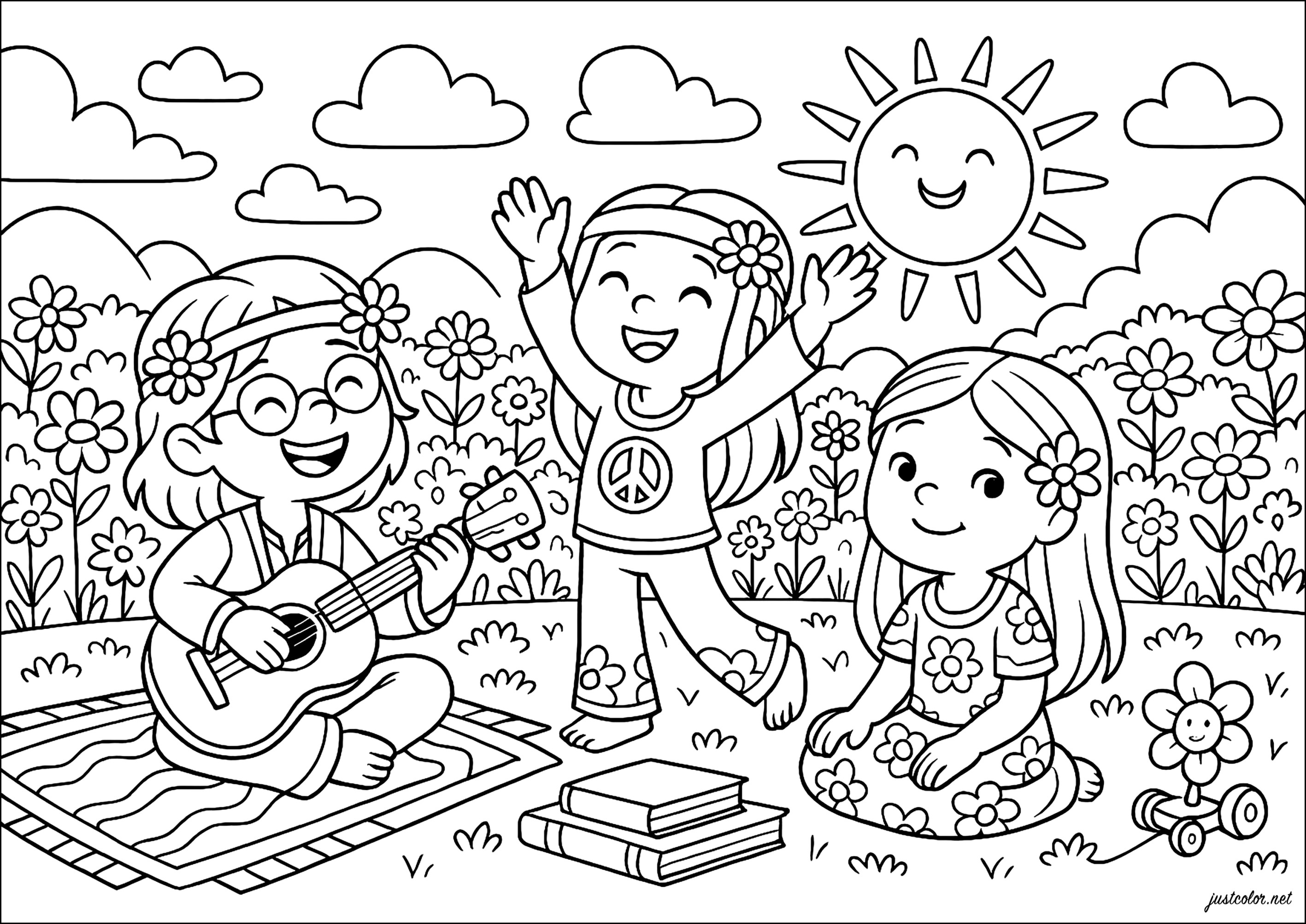 La Gioiosa Compagnia Bohémienne (Pagina Hippie da Colorare per bambini)