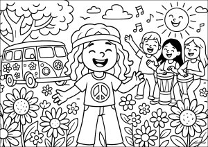 Il Furgone e gli amici (Pagina Hippie da Colorare)